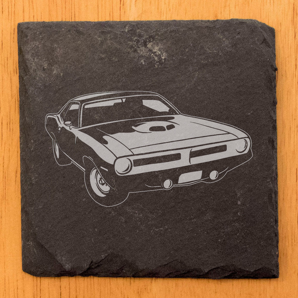 Rustic Slate Coasters Set | Laser-Etched 1970 Plymouth Hemi Cuda Design | Vintage Car Enthusiast Drink Mats