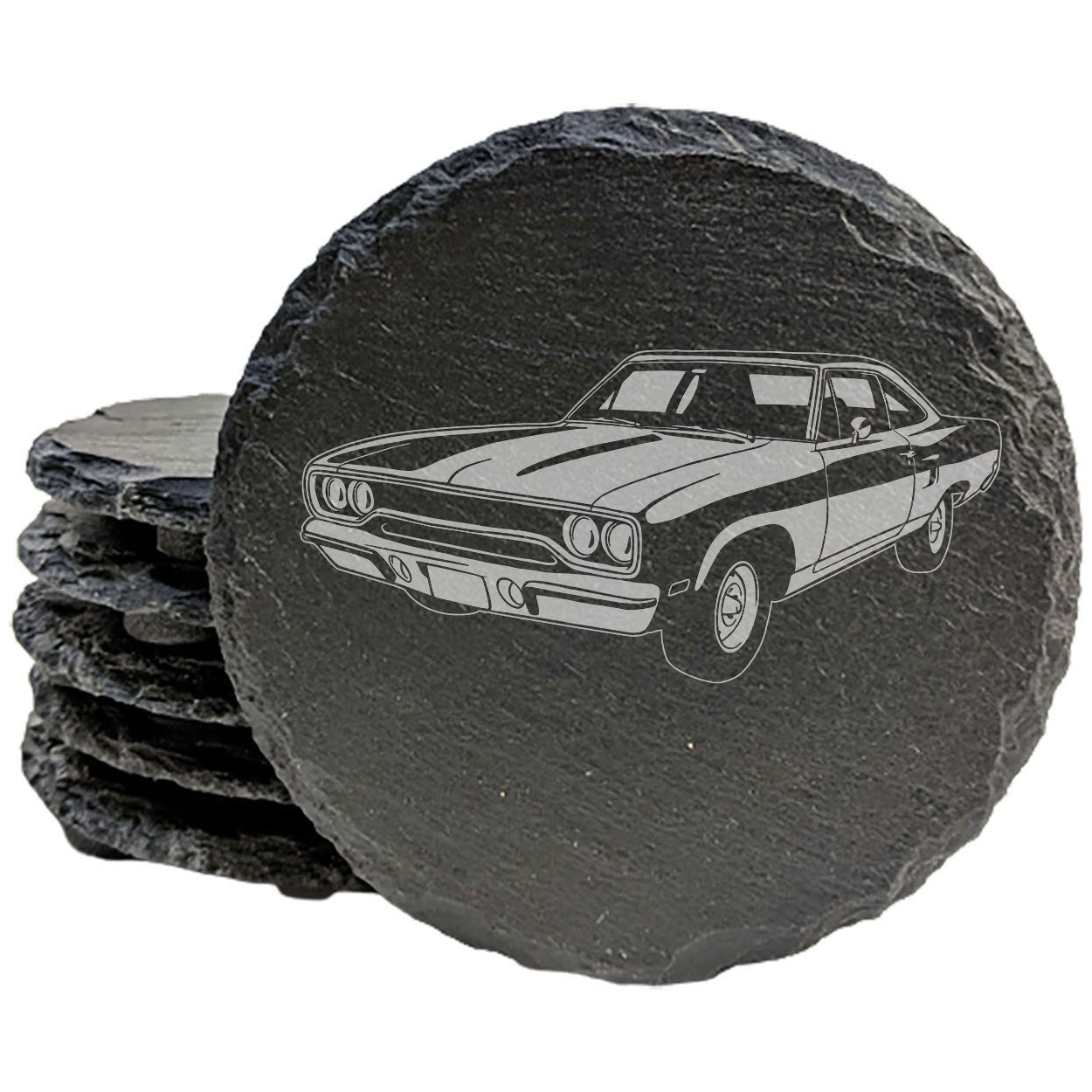1970 Plymouth Roadrunner Car Design Rustic Gray Slate Coasters Set of 4 - Laser Etched All-Occasion Gifts for Holidays Birthdays Housewarming She-Shed Man Cave - Made in Oregon USA by Small Business