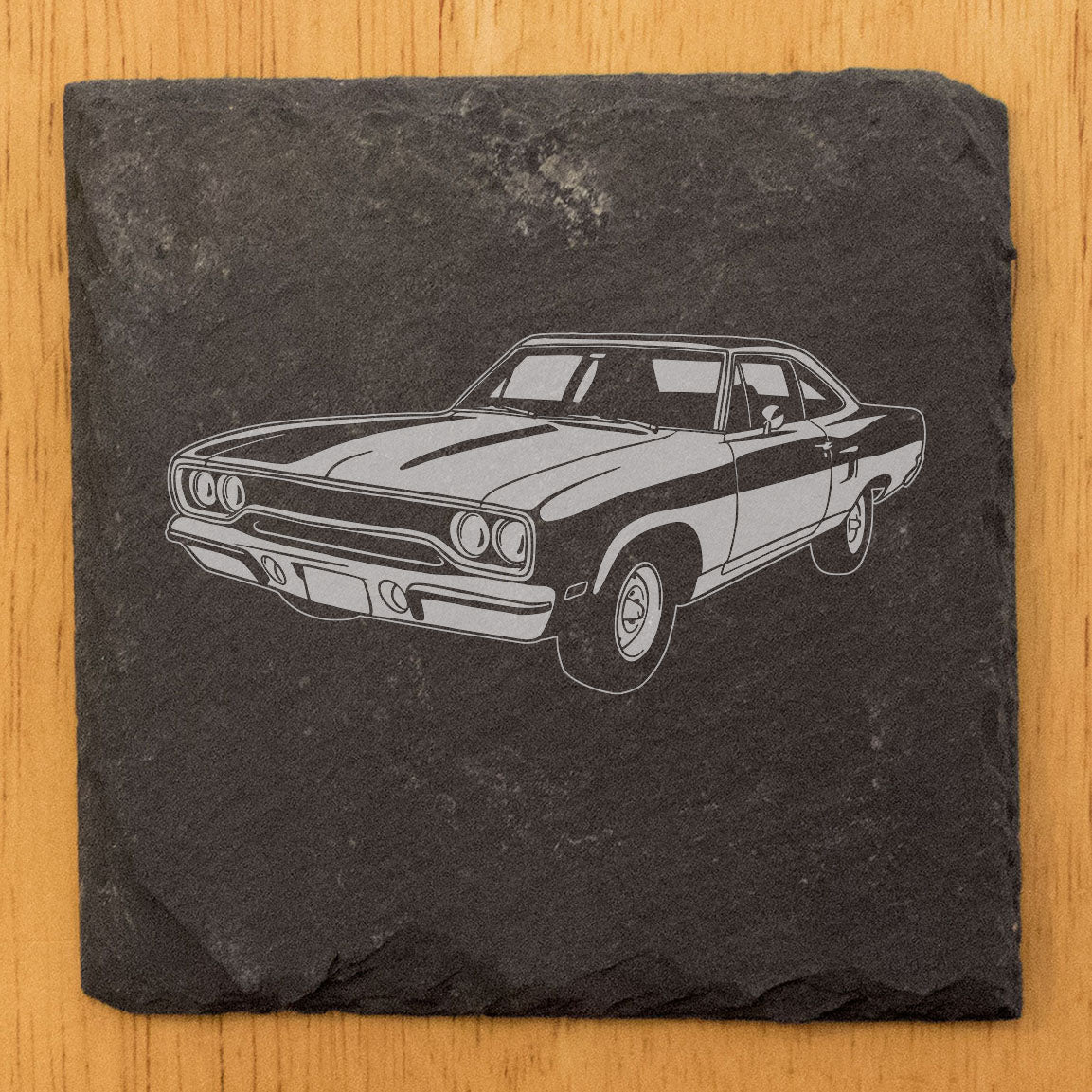 1970 Plymouth Roadrunner Car Design Rustic Gray Slate Coasters Set of 4 - Laser Etched All-Occasion Gifts for Holidays Birthdays Housewarming She-Shed Man Cave - Made in Oregon USA by Small Business
