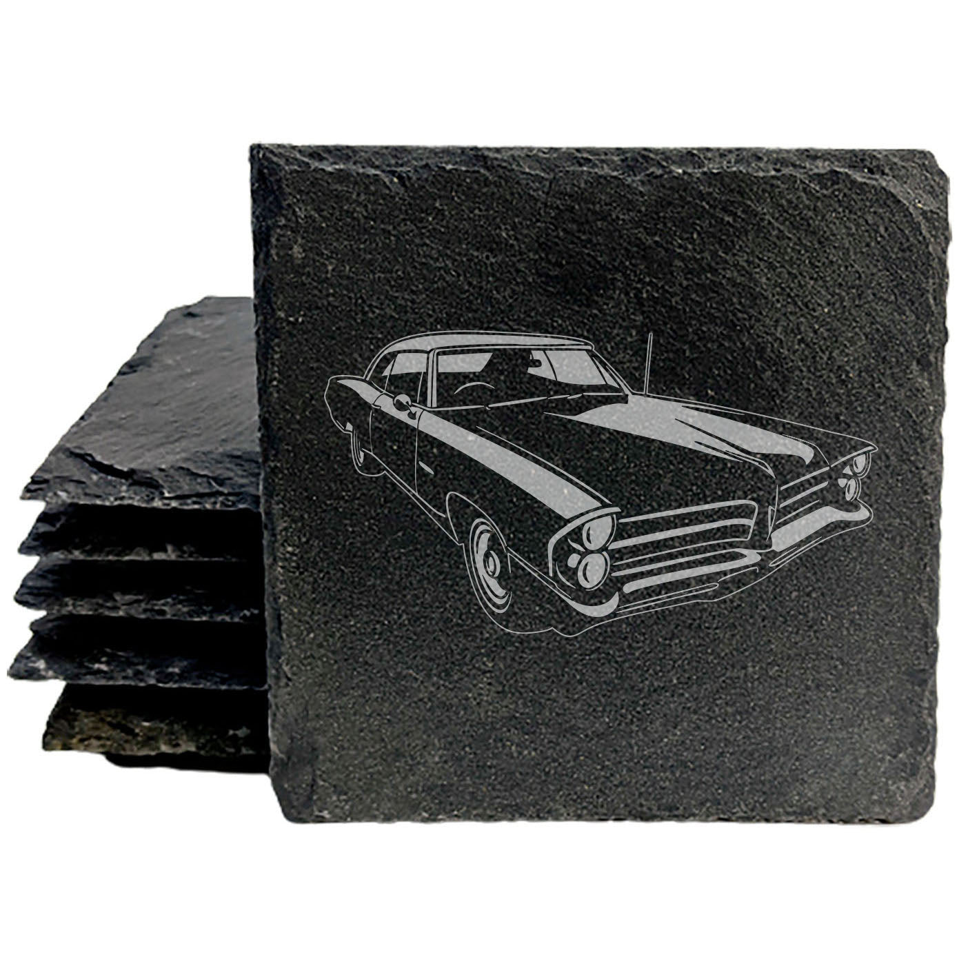1965 Pontiac Catalina Design Rustic Gray Slate Coasters Set of 4 Laser Etched Round or Square Natural Chipped Edge Rubber Feet Perfect Gift for Holidays Birthdays Housewarming She-Shed Man Cave