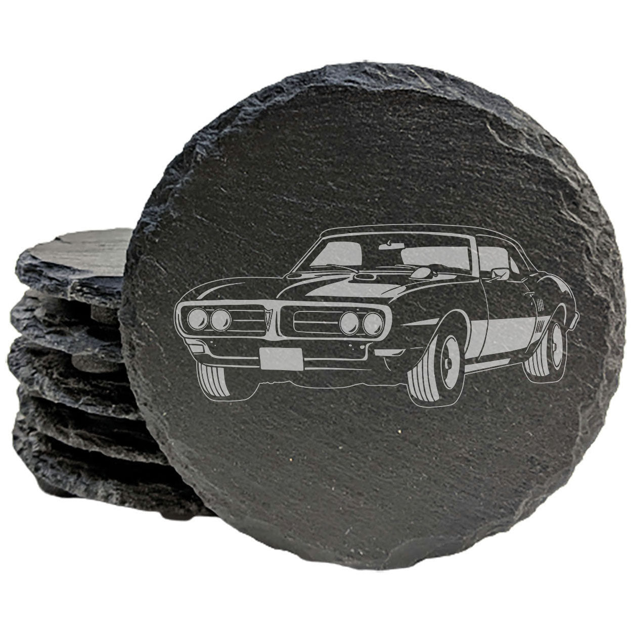 1968 Pontiac Firebird 400 Design Rustic Gray Slate Coasters Set of 4 Laser Etched Perfect for Holidays Birthdays Housewarming She-Shed Man Cave Made in Oregon USA Natural Chipped Edge Rubber Feet
