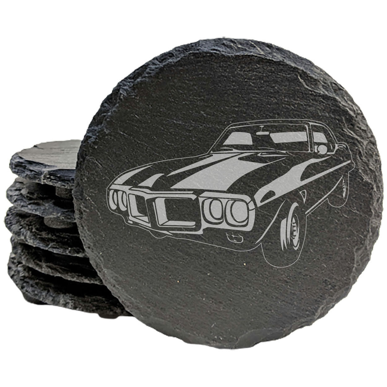 1969 Pontiac Firebird 400 Design Rustic Gray Slate Coasters Set of 4 - Laser Etched, Natural Chipped Edge, Rubber Feet - Perfect Gift for Holidays, Birthdays, Housewarming - Made in Oregon USA