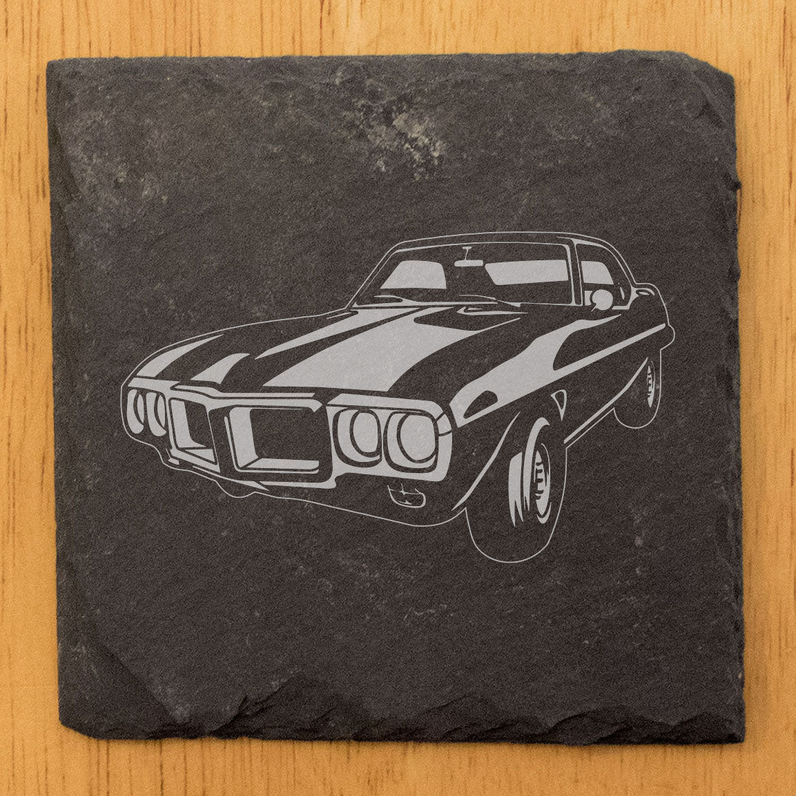1969 Pontiac Firebird 400 Design Rustic Gray Slate Coasters Set of 4 - Laser Etched, Natural Chipped Edge, Rubber Feet - Perfect Gift for Holidays, Birthdays, Housewarming - Made in Oregon USA