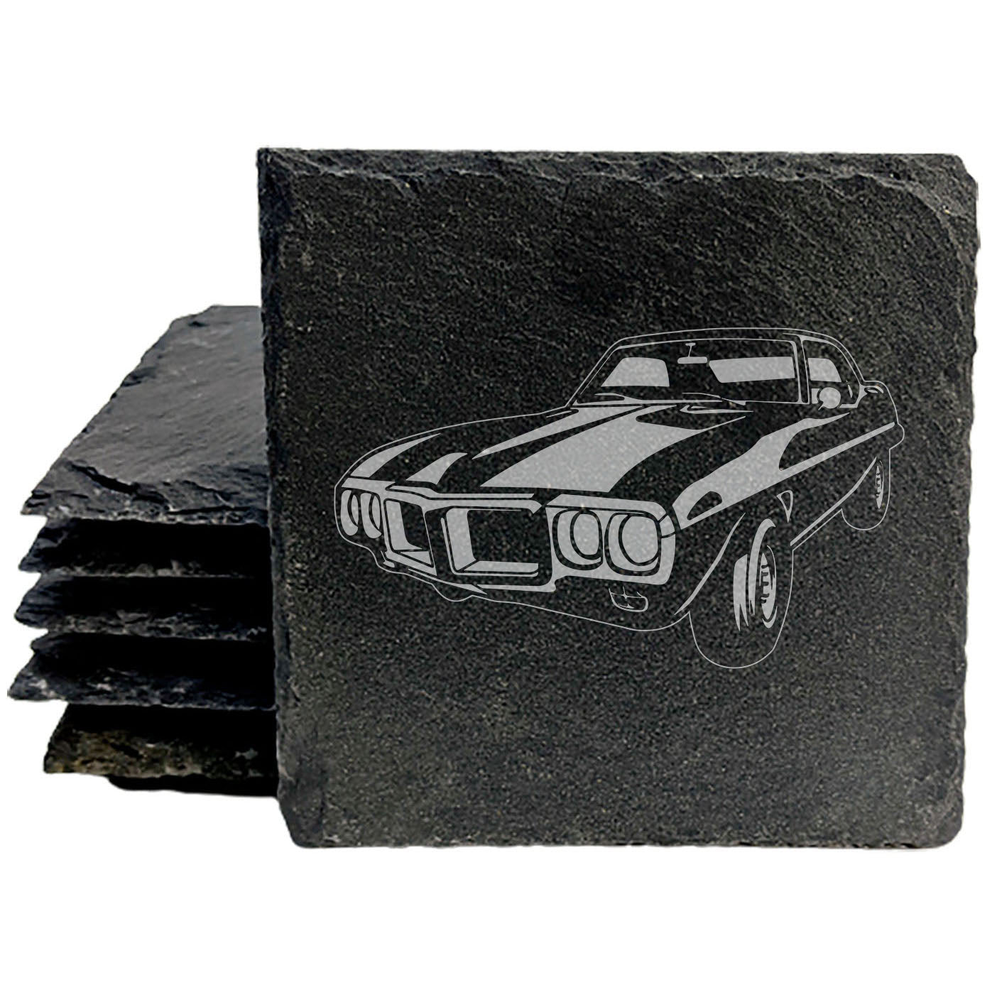 1969 Pontiac Firebird 400 Design Rustic Gray Slate Coasters Set of 4 - Laser Etched, Natural Chipped Edge, Rubber Feet - Perfect Gift for Holidays, Birthdays, Housewarming - Made in Oregon USA