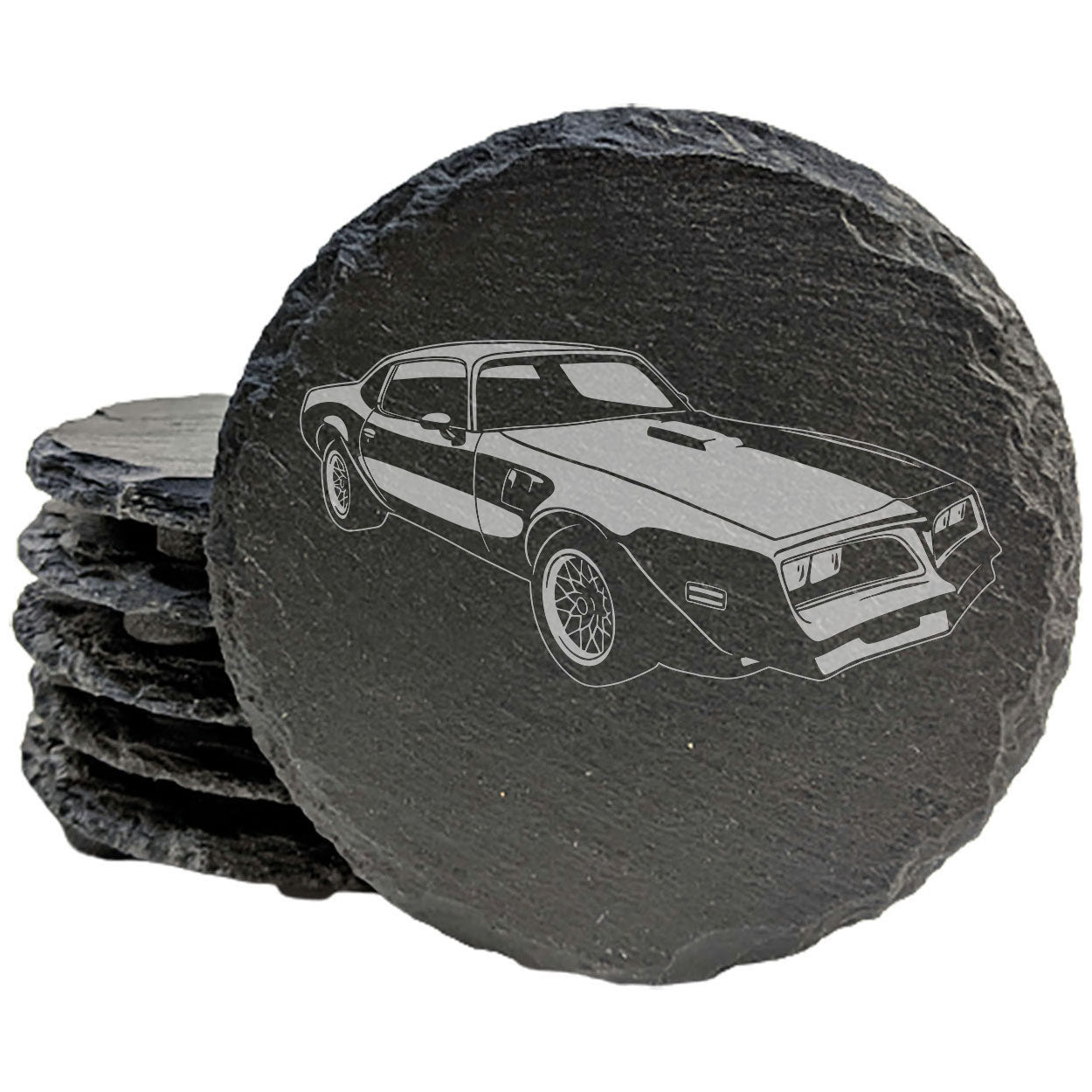 1977 Pontiac Firebird Trans-Am Design Rustic Gray Slate Coasters Set of 4 - Laser Etched, Natural Chipped Edge, Rubber Feet - Perfect Gift for Holidays, Birthdays, Housewarming - Made in Oregon USA