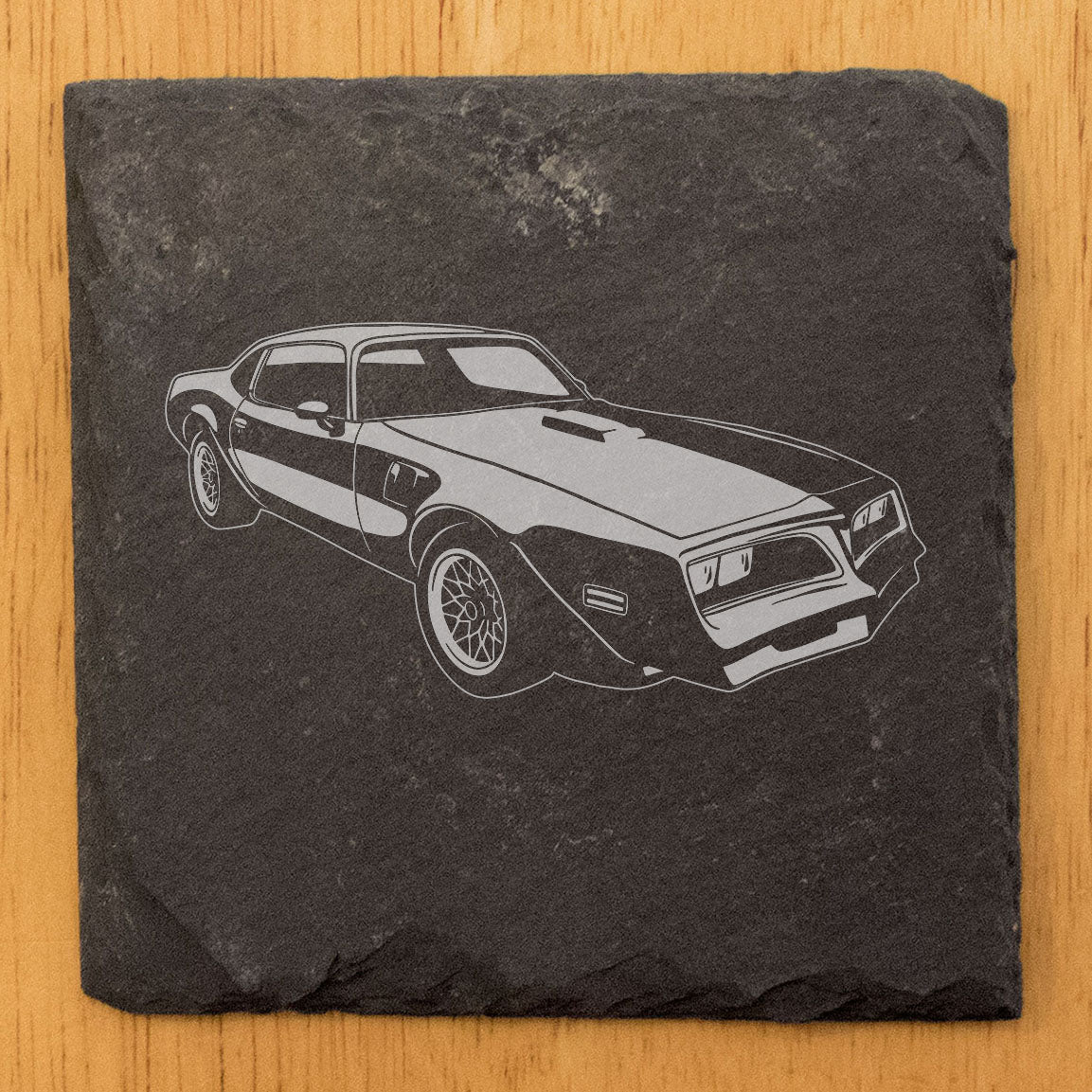 1977 Pontiac Firebird Trans-Am Design Rustic Gray Slate Coasters Set of 4 - Laser Etched, Natural Chipped Edge, Rubber Feet - Perfect Gift for Holidays, Birthdays, Housewarming - Made in Oregon USA