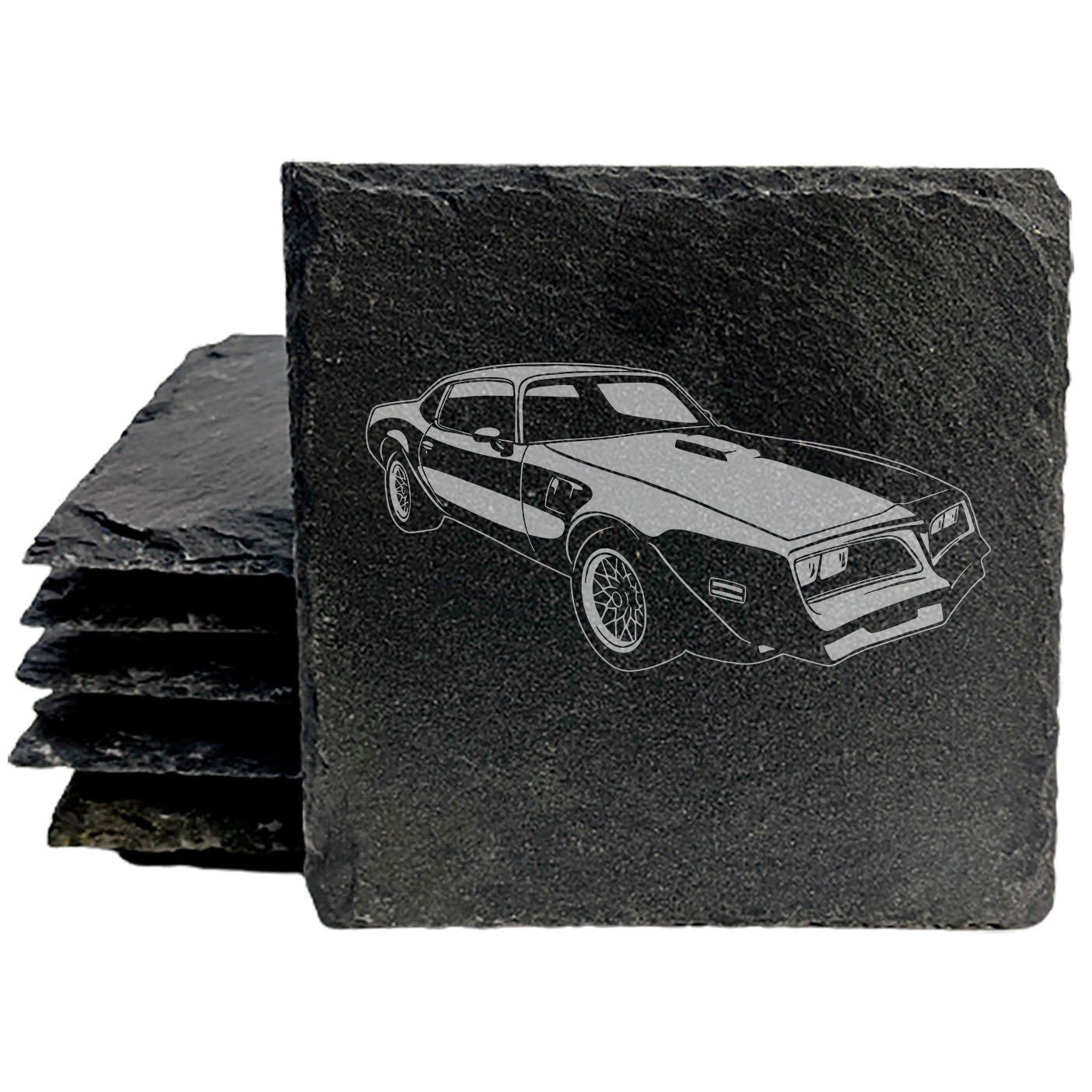 1977 Pontiac Firebird Trans-Am Design Rustic Gray Slate Coasters Set of 4 - Laser Etched, Natural Chipped Edge, Rubber Feet - Perfect Gift for Holidays, Birthdays, Housewarming - Made in Oregon USA