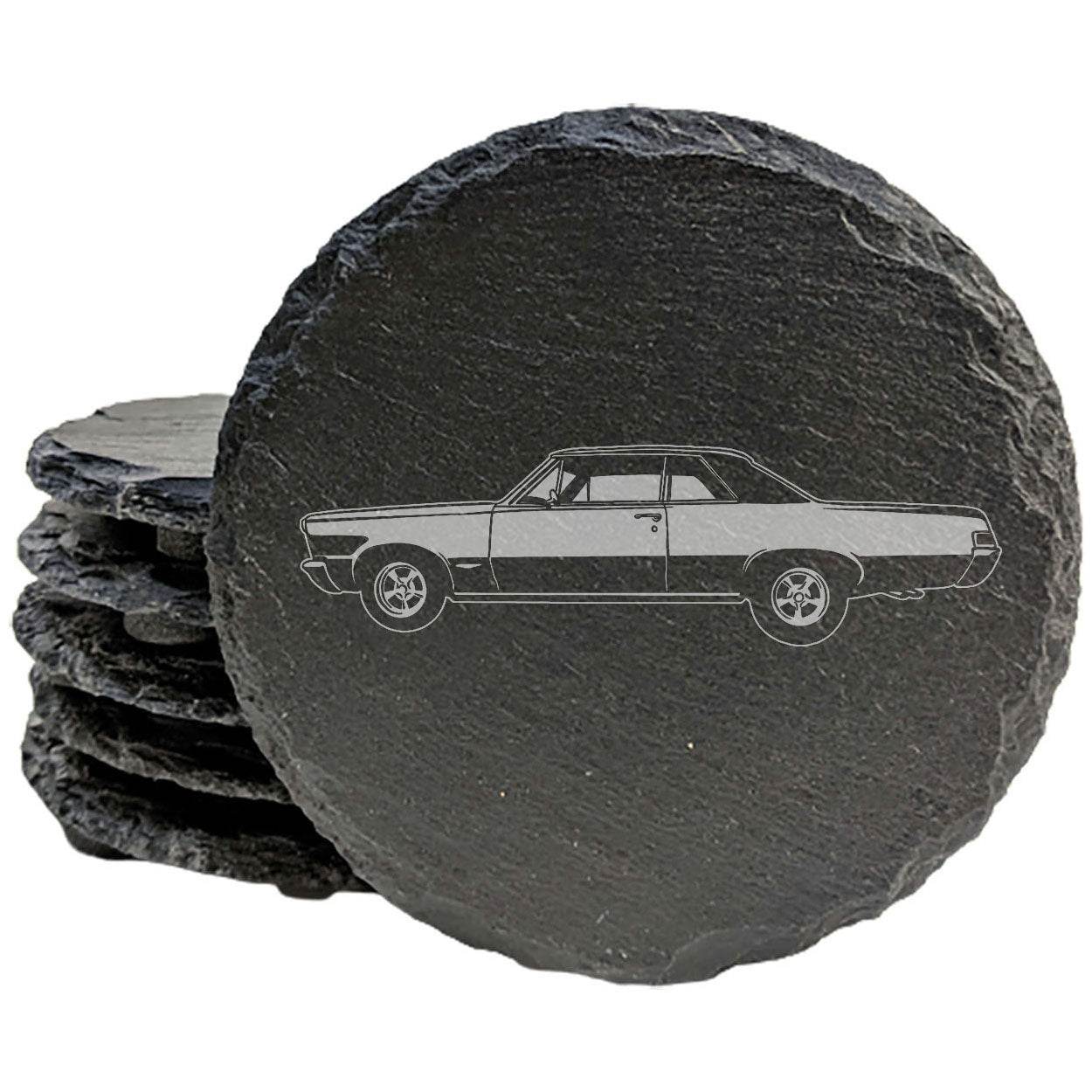 "Classic Cruiser" Slate Coasters with Laser-Etched 1965 Pontiac GTO Design - Protect Your Surfaces in Style! Coasters