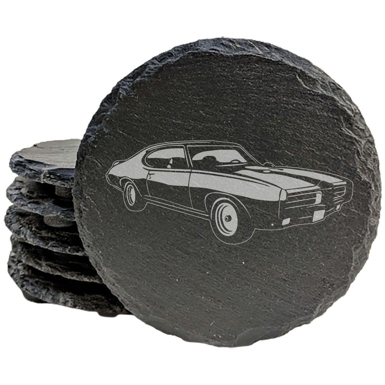 1969 Pontiac GTO "Judge" Design Rustic Gray Slate Coasters Set of 4 - Laser Etched, Natural Chipped Edge, Rubber Feet - Perfect Gift for Holidays, Birthdays, Housewarming - Made in Oregon USA