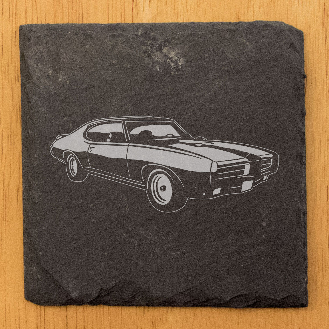 1969 Pontiac GTO "Judge" Design Rustic Gray Slate Coasters Set of 4 - Laser Etched, Natural Chipped Edge, Rubber Feet - Perfect Gift for Holidays, Birthdays, Housewarming - Made in Oregon USA