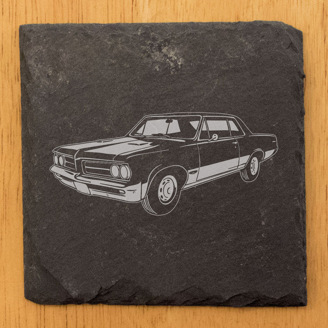 1967 Pontiac GTO Tri-Power Design Rustic Gray Slate Coasters Set of 4 - Laser Etched, Perfect for Holidays, Birthdays & Housewarming Gifts - Round or Square with Natural Chipped Edge & Rubber Feet