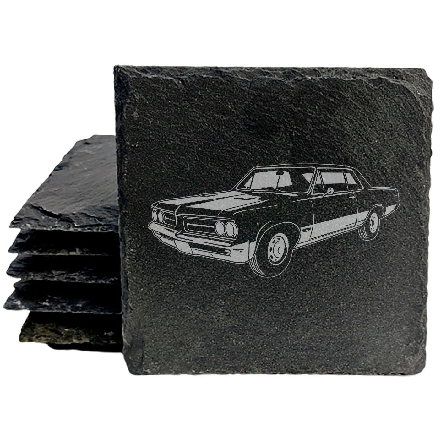 1967 Pontiac GTO Tri-Power Design Rustic Gray Slate Coasters Set of 4 - Laser Etched, Perfect for Holidays, Birthdays & Housewarming Gifts - Round or Square with Natural Chipped Edge & Rubber Feet