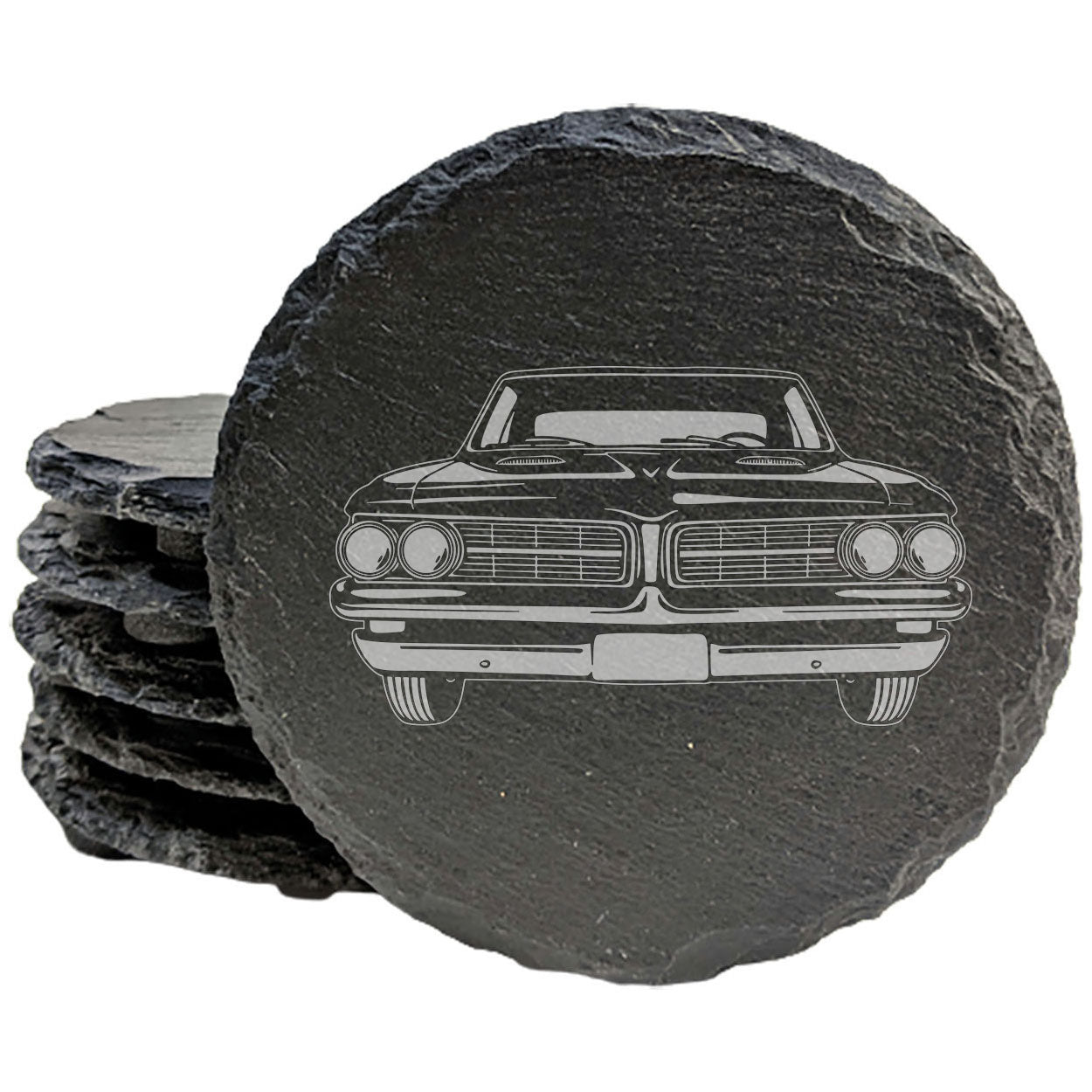 1967 Pontiac GTO Tri-Power Design Rustic Gray Slate Coasters Set of 4 - Laser Etched, Perfect for Holidays, Birthdays & Housewarming Gifts - Round or Square with Natural Chipped Edge & Rubber Feet
