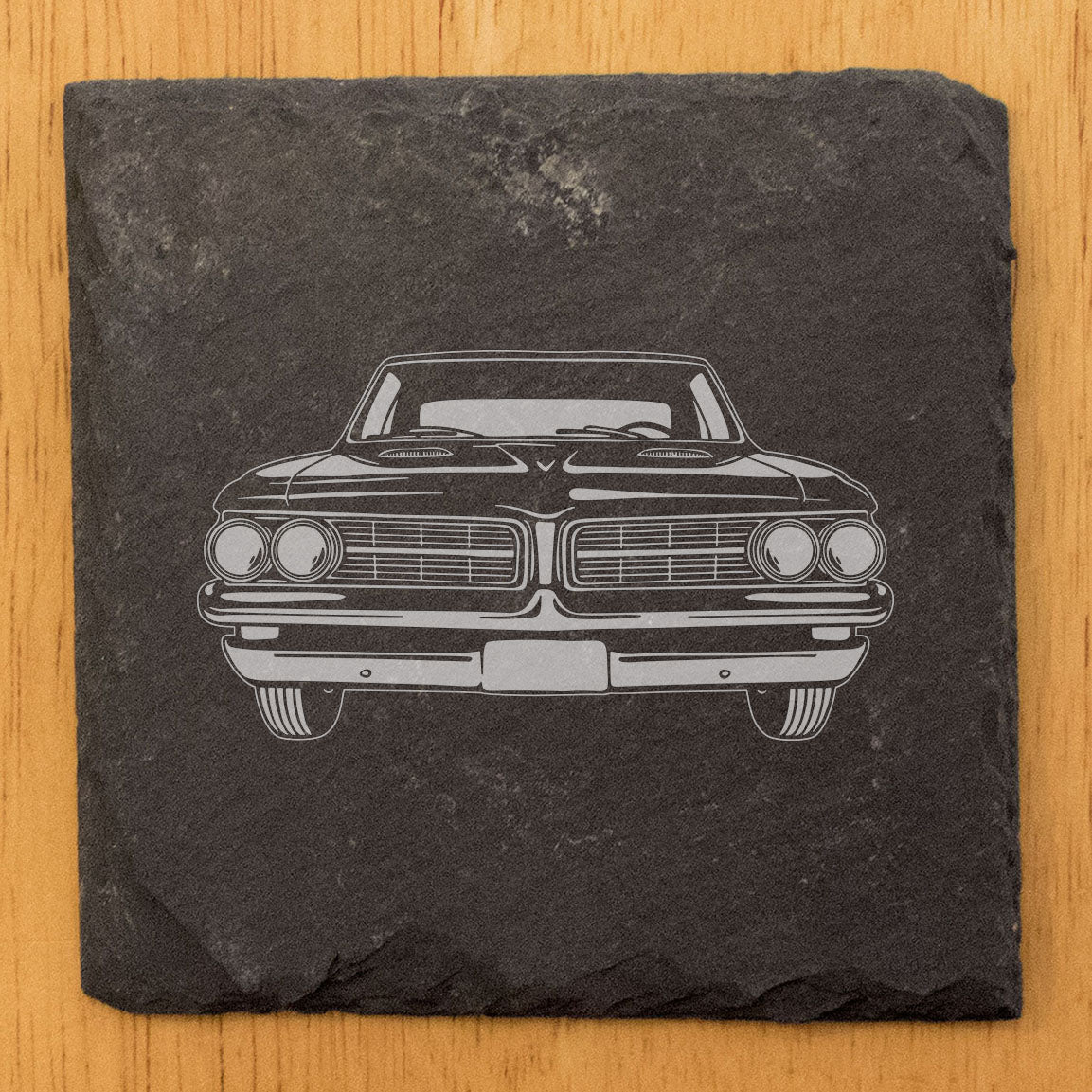 1967 Pontiac GTO Tri-Power Design Rustic Gray Slate Coasters Set of 4 - Laser Etched, Perfect for Holidays, Birthdays & Housewarming Gifts - Round or Square with Natural Chipped Edge & Rubber Feet
