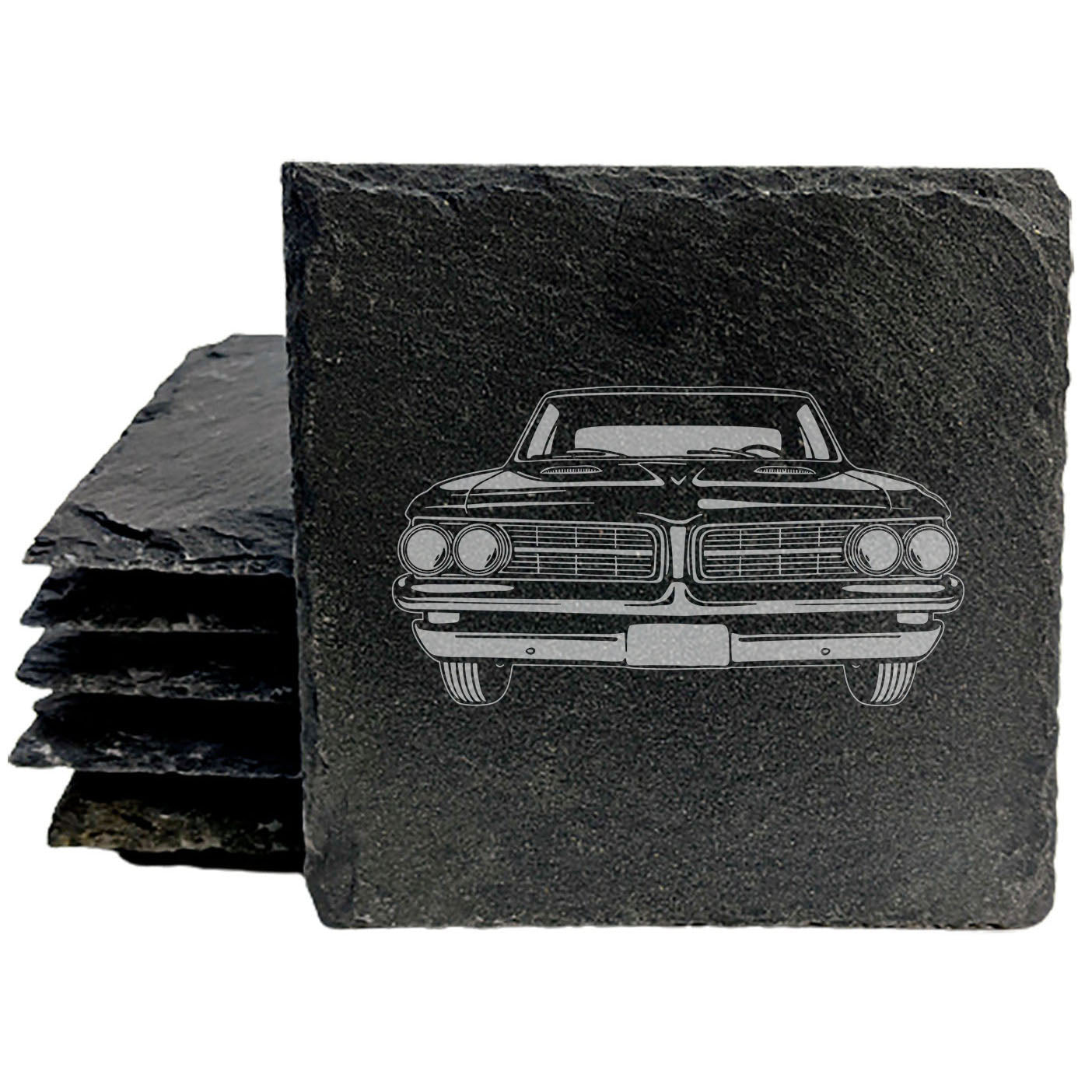 1967 Pontiac GTO Tri-Power Design Rustic Gray Slate Coasters Set of 4 - Laser Etched, Perfect for Holidays, Birthdays & Housewarming Gifts - Round or Square with Natural Chipped Edge & Rubber Feet