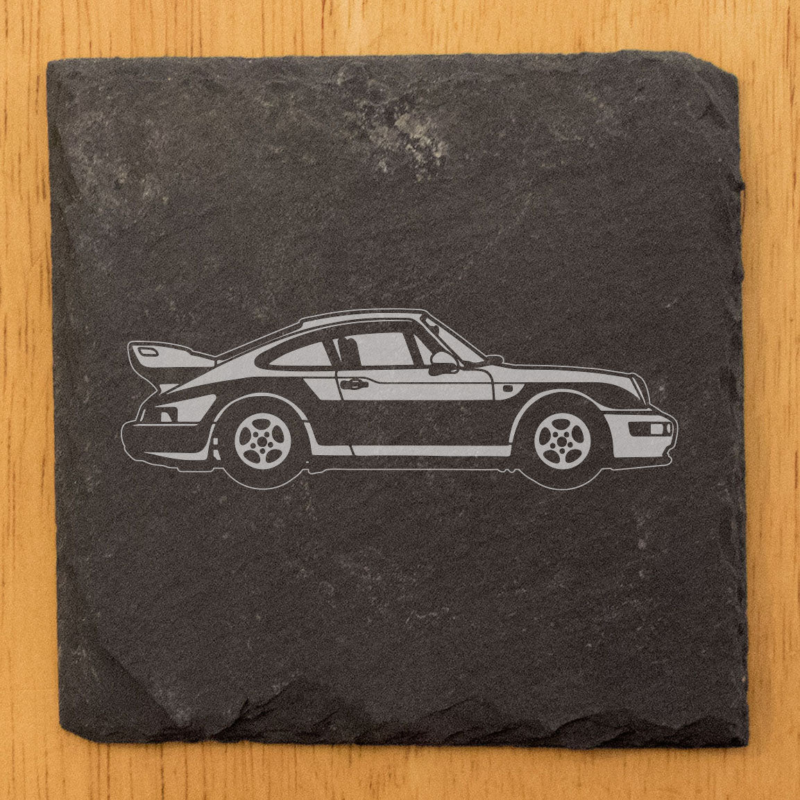Classic 1993 Porsche 911 Carrera Design Rustic Gray Slate Coasters Set of 4 - Laser Etched, Natural Chipped Edge, Rubber Feet - Perfect for She-Shed or Man Cave - Handmade in Oregon USA