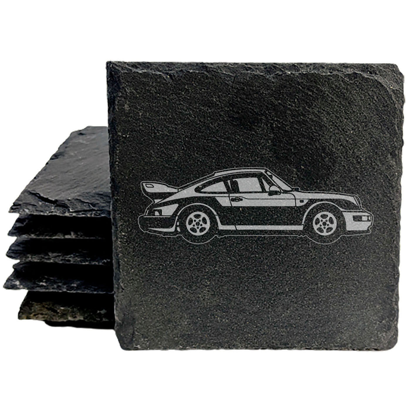 Classic 1993 Porsche 911 Carrera Design Rustic Gray Slate Coasters Set of 4 - Laser Etched, Natural Chipped Edge, Rubber Feet - Perfect for She-Shed or Man Cave - Handmade in Oregon USA