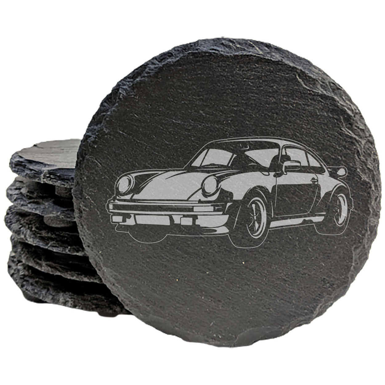 1975 Porsche 911 Turbo Design Rustic Gray Slate Coasters Set of 4 - Laser Etched Hand Drawn Style - Perfect Gift for Holidays Birthdays Housewarming She-Shed Man Cave - Made in Oregon USA