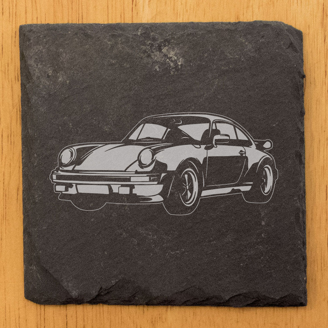 1975 Porsche 911 Turbo Design Rustic Gray Slate Coasters Set of 4 - Laser Etched Hand Drawn Style - Perfect Gift for Holidays Birthdays Housewarming She-Shed Man Cave - Made in Oregon USA