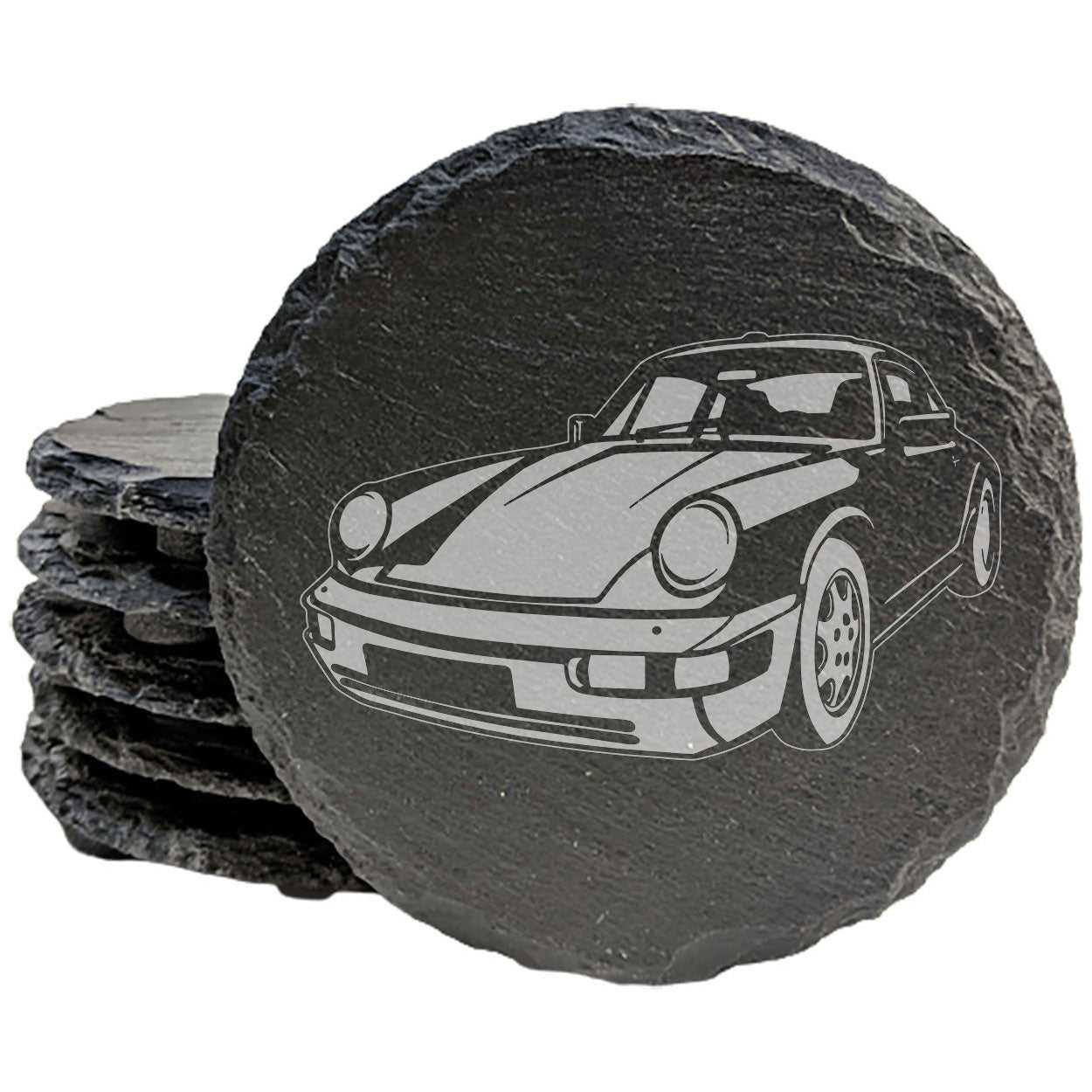 Classic Porsche Carrera 2 Slate Coasters Set of 4 - Rustic Gray with Laser Etched Design - Perfect Gift for Holidays, Birthdays, Housewarming - Made in Oregon USA by Small Business - Round or Square