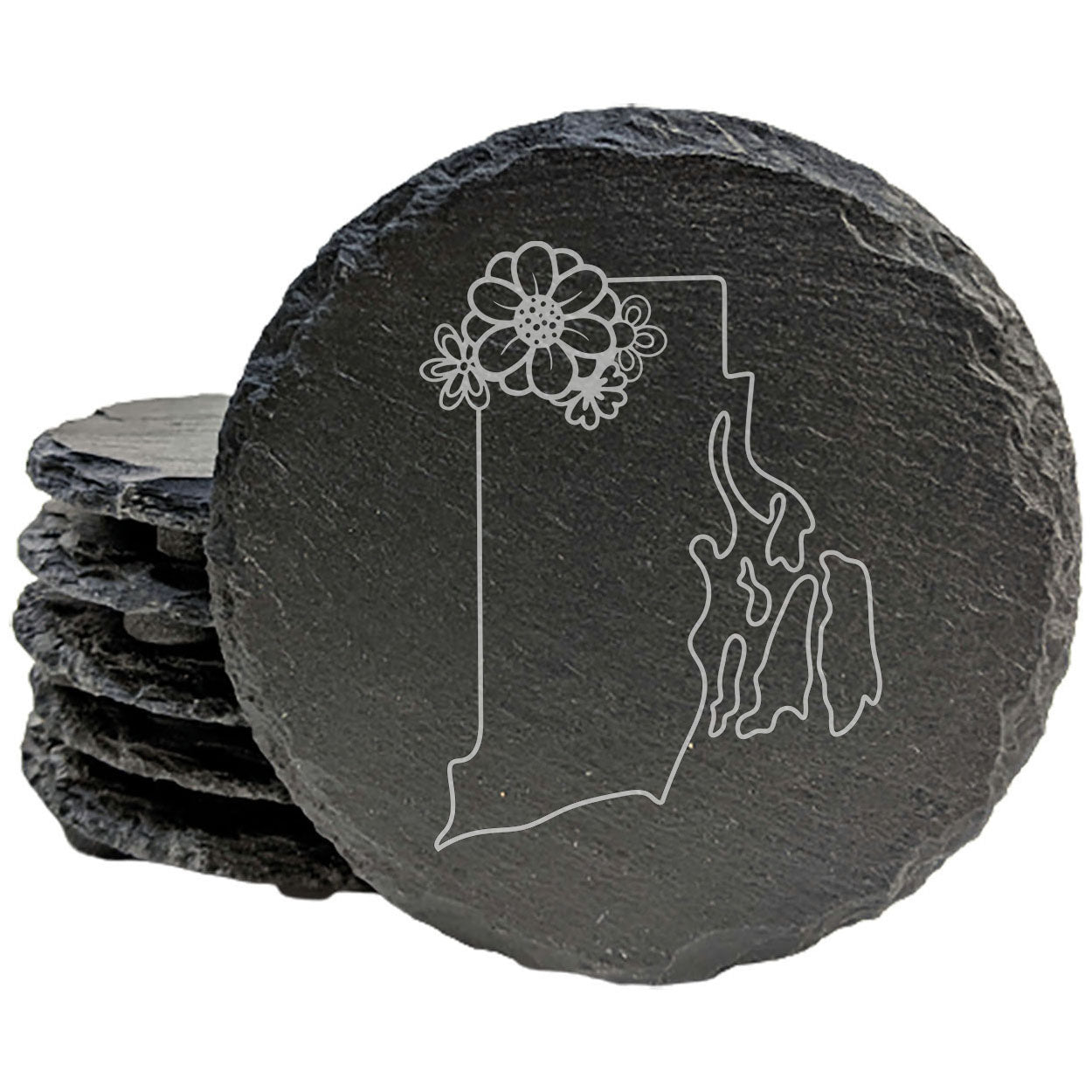 Rustic Slate Coasters Set of 4 - Laser Etched Rhode Island Design, Perfect for Holidays, Birthdays, Housewarming Gifts, She-Shed or Man Cave Decor, Made in Oregon, USA, 4" Round or Square