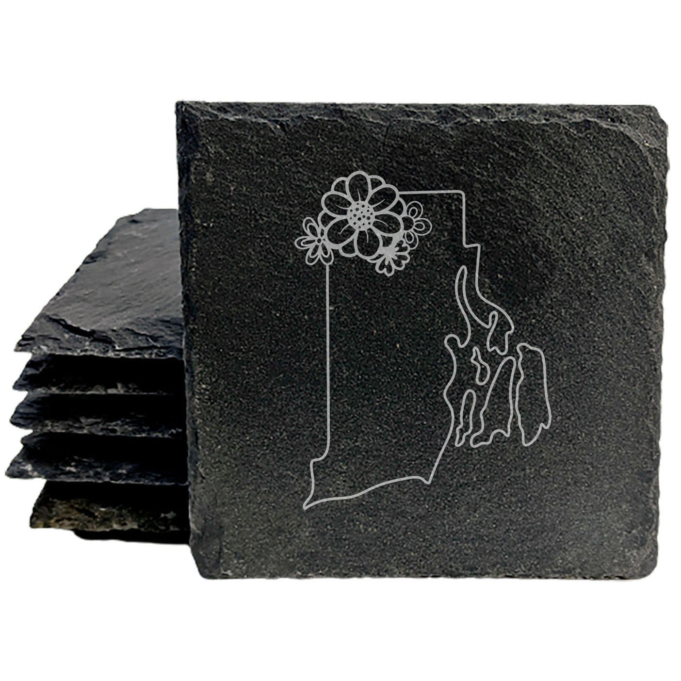 Rustic Slate Coasters Set of 4 - Laser Etched Rhode Island Design, Perfect for Holidays, Birthdays, Housewarming Gifts, She-Shed or Man Cave Decor, Made in Oregon, USA, 4" Round or Square