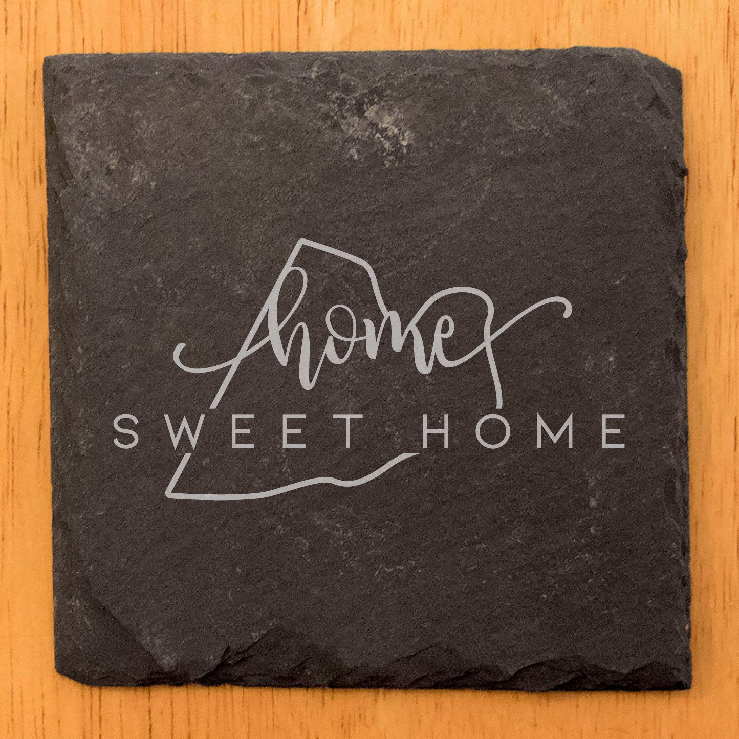Rustic Slate Coasters Set of 4, Round 4" with 'Home Sweet Home' Rhode Island Design, Perfect Gift for Holidays, Birthdays, Housewarming, She-Shed, Man Cave, Made in Oregon, USA, Natural Edge