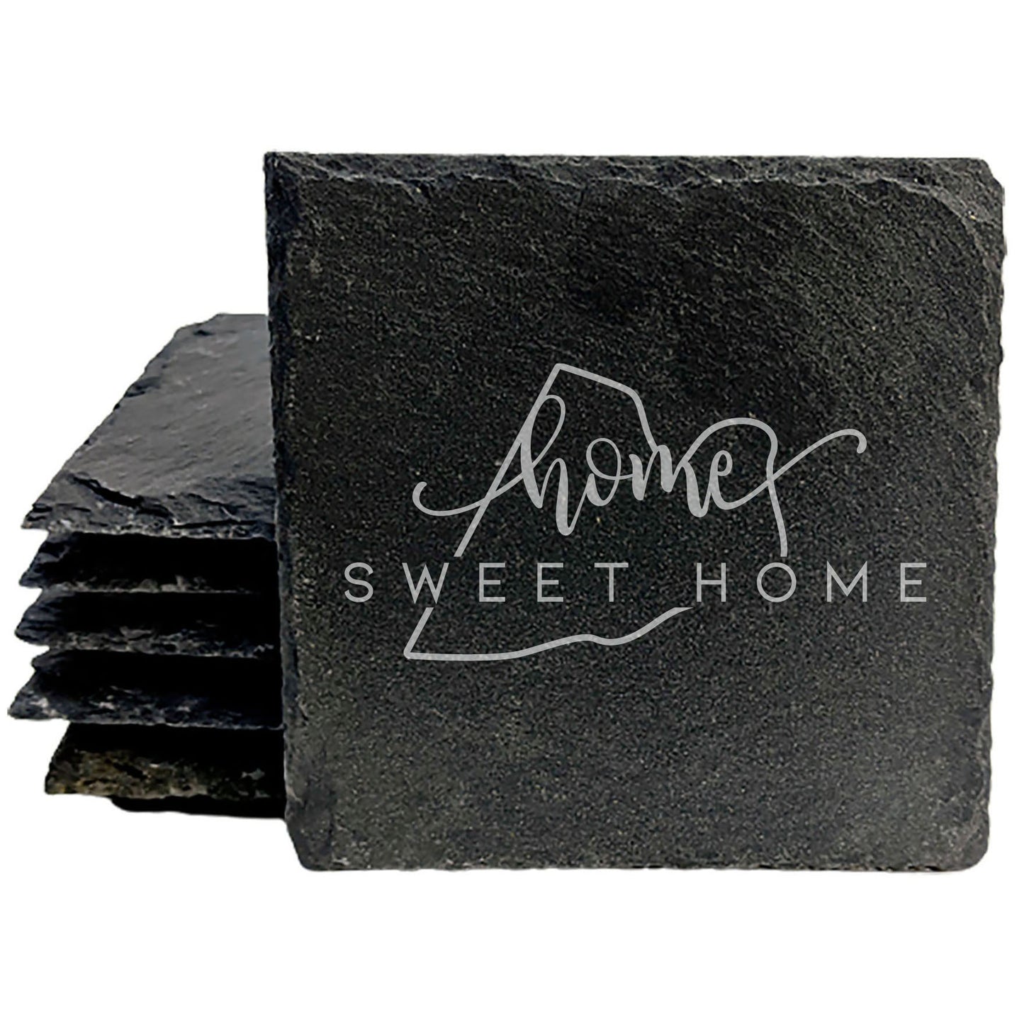 Rustic Slate Coasters Set of 4, Round 4" with 'Home Sweet Home' Rhode Island Design, Perfect Gift for Holidays, Birthdays, Housewarming, She-Shed, Man Cave, Made in Oregon, USA, Natural Edge