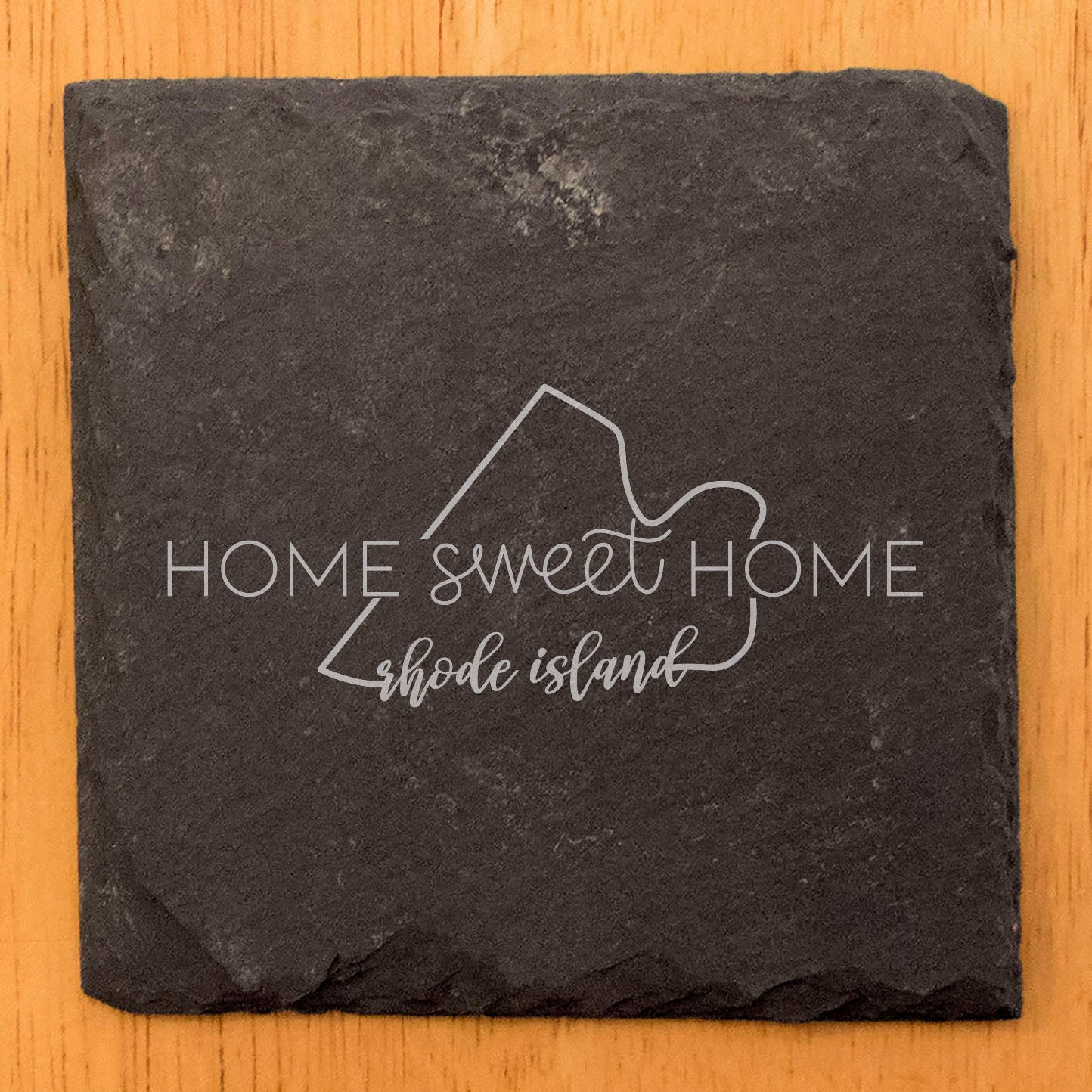 Rustic Slate Coasters Set of 4 - Round 4" with 'Home Sweet Home' Rhode Island Design - Perfect Gift for Holidays, Birthdays, Housewarming - Made in Oregon, USA - Natural Chipped Edge, Rubber Feet