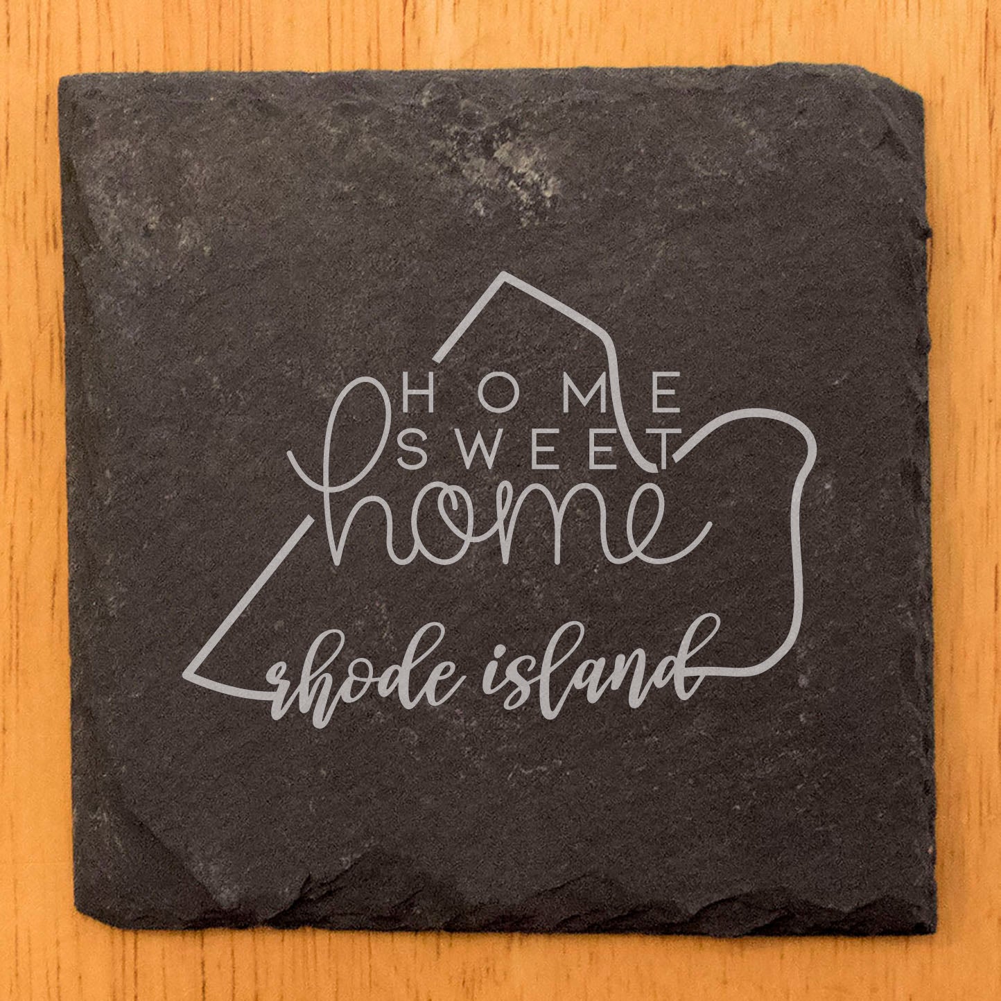 Rustic Slate Coasters Set of 4 - Laser Etched Rhode Island Design, 'Home Sweet Home' - Perfect Gift for Holidays, Birthdays, Housewarming - 4" Round, Natural Chipped Edge, Made in Oregon, USA