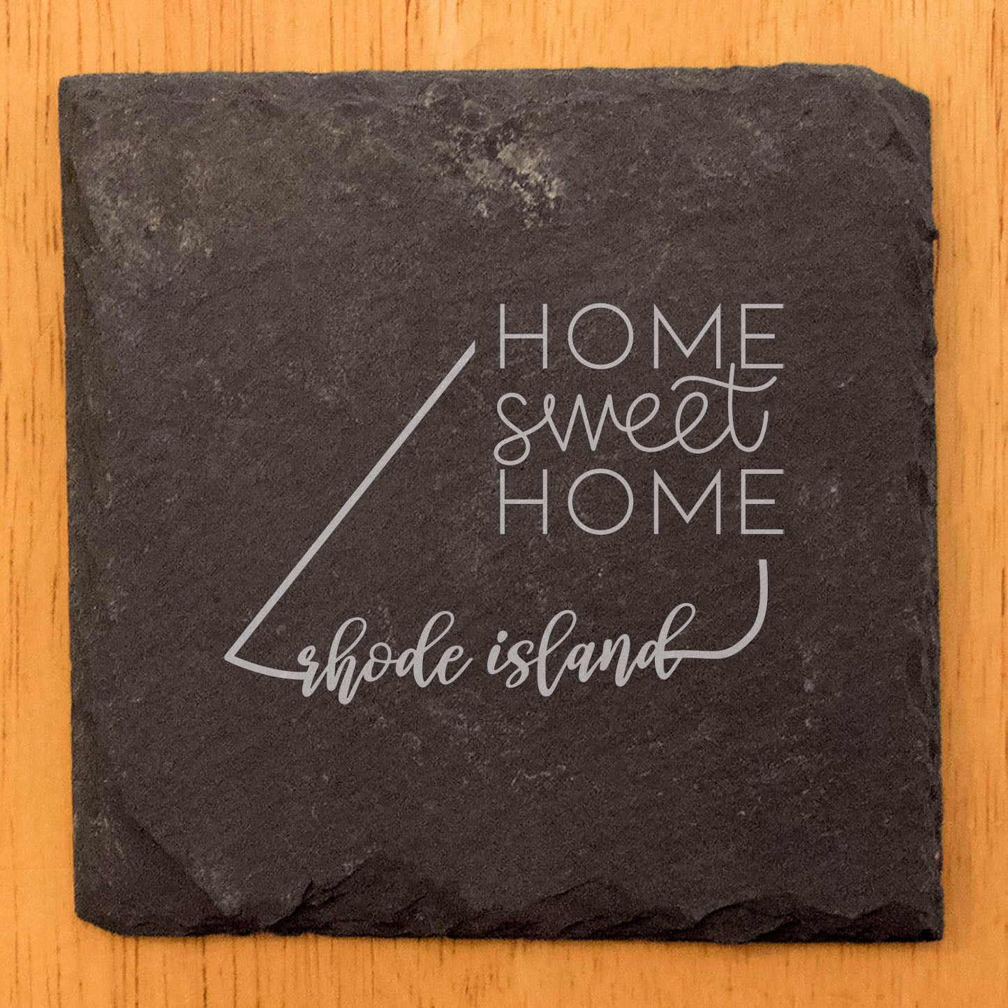 Rustic Slate Coasters Set of 4, Round 4" with Rhode Island 'Home Sweet Home' Design, Perfect Gift for Holidays, Birthdays, Housewarming, She-Shed, Man Cave, Made in Oregon, USA, Natural Edge