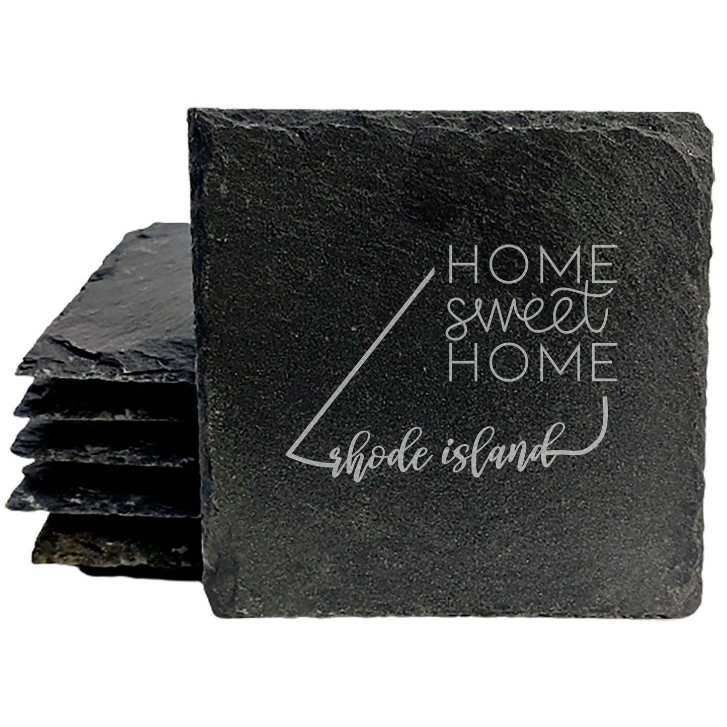 Rustic Slate Coasters Set of 4, Round 4" with Rhode Island 'Home Sweet Home' Design, Perfect Gift for Holidays, Birthdays, Housewarming, She-Shed, Man Cave, Made in Oregon, USA, Natural Edge