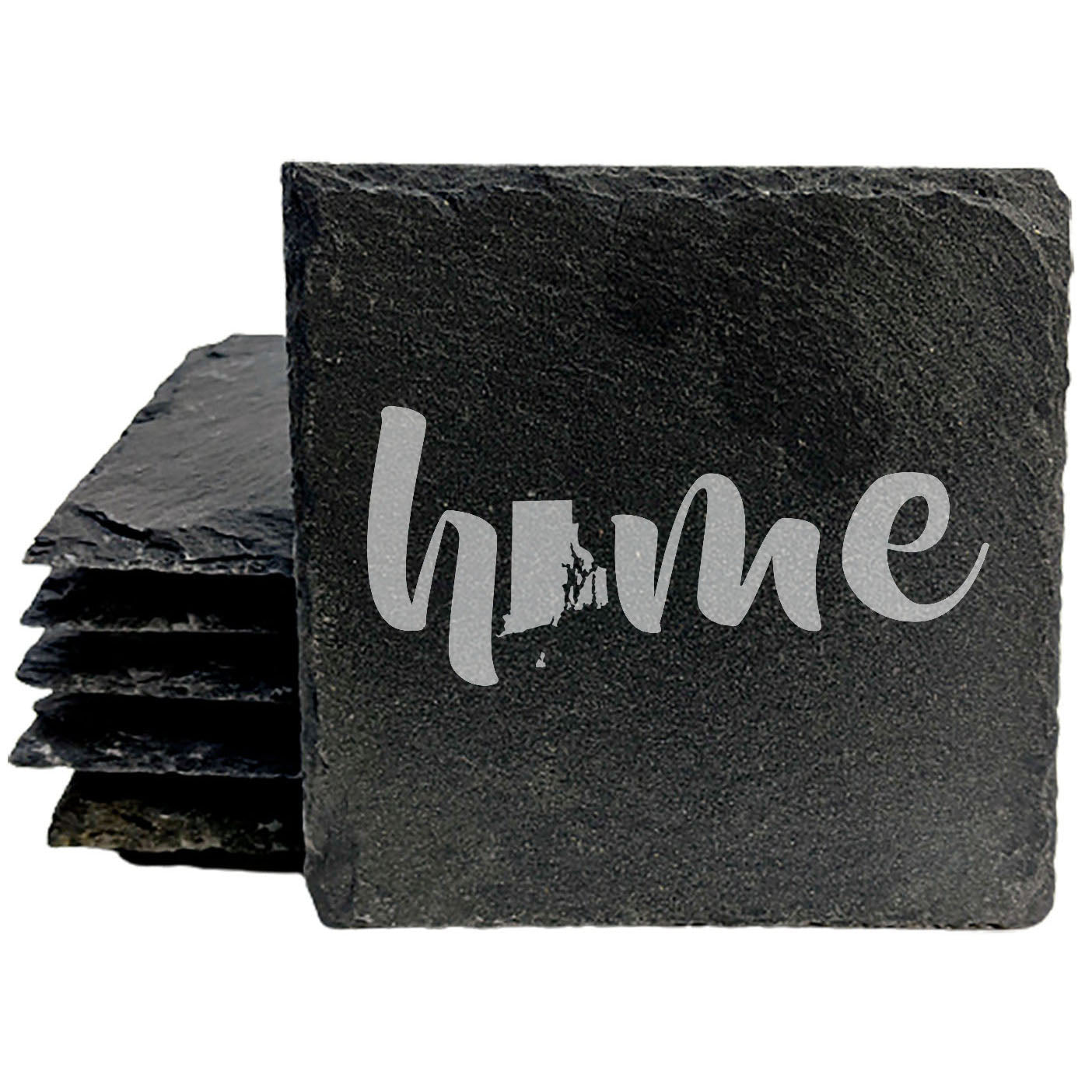 Rustic Slate Coasters Set of 4 - Laser Etched 'Home' Design with Rhode Island State - Perfect Gift for Holidays, Birthdays, Housewarming - 4" Round/Square - Made in Oregon, USA - Natural Edge