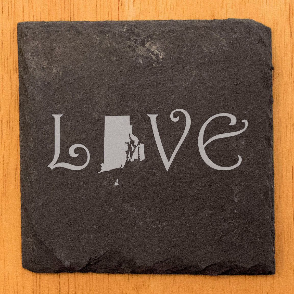 Rustic Slate Coasters Set of 4, Square 4" with 'LOVE' Rhode Island Design, Perfect Gift for Holidays, Birthdays, Housewarming, She-Shed, Man Cave, Made in Oregon, USA, Natural Chipped Edge