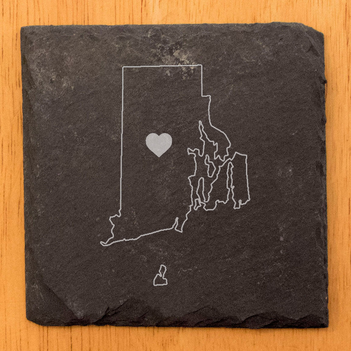 Rustic Slate Coasters Set of 4 - Round 4" with Rhode Island Heart Design, Laser Etched, Natural Chipped Edge, Rubber Feet, , Perfect for She-Shed, Man Cave, Made in Oregon, USA