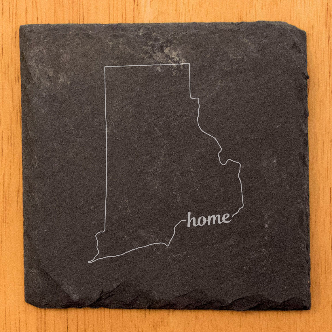 Rustic Slate Coasters Set of 4 - Round 4" with Rhode Island 'Home' Design, Laser Etched, Natural Chipped Edge, Rubber Feet, - Perfect for Holidays, Birthdays, Housewarming!