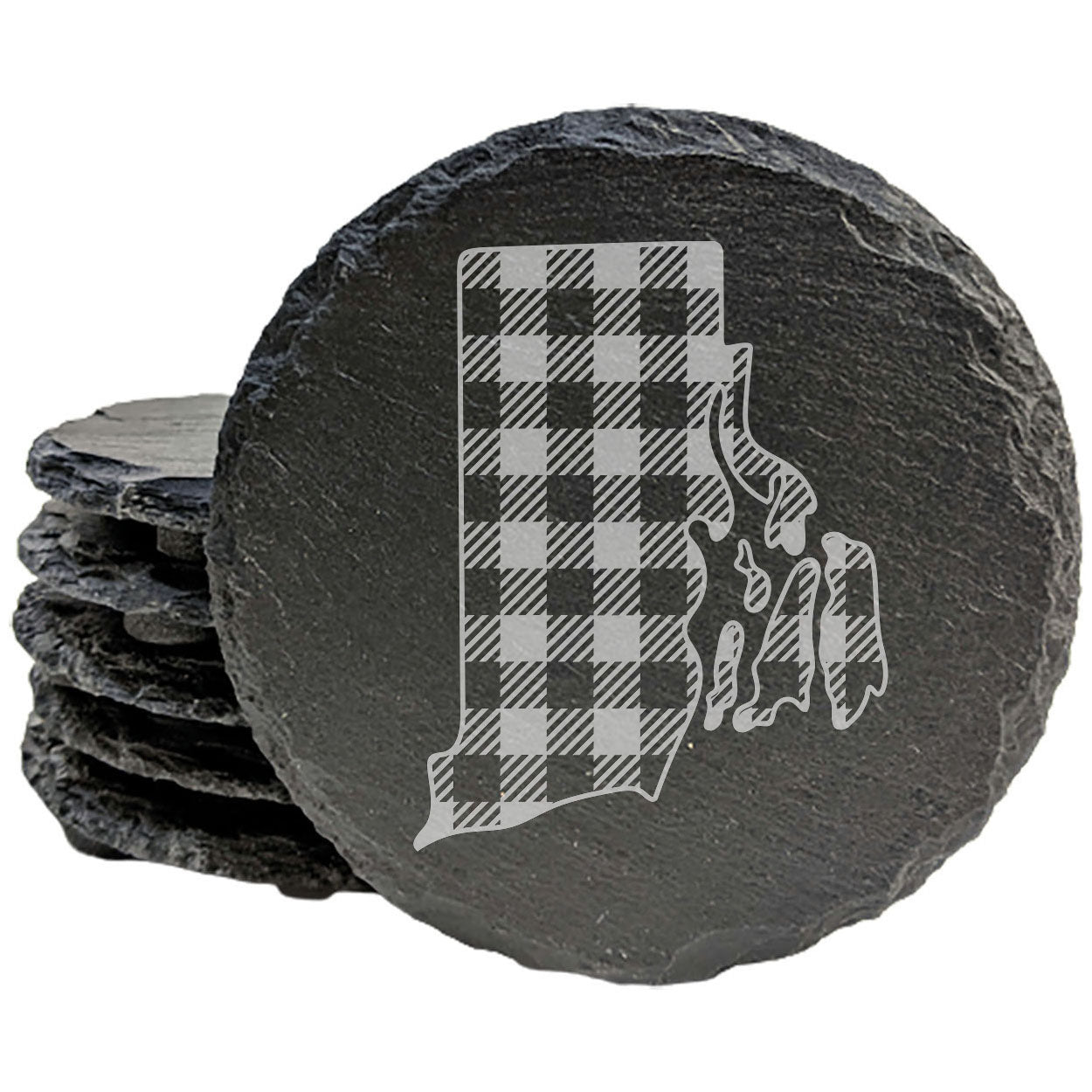 Rustic Slate Coasters Set of 4, Round 4" with Rhode Island Plaid Design, Perfect for Holidays, Birthdays, Housewarming Gifts, She-Shed or Man Cave, Made in Oregon, USA, Natural Chipped Edge