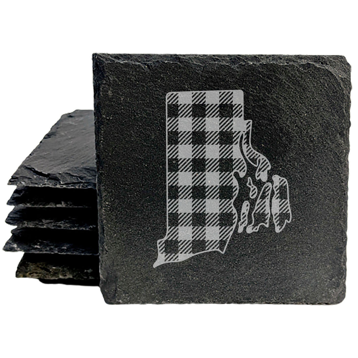 Rustic Slate Coasters Set of 4, Round 4" with Rhode Island Plaid Design, Perfect for Holidays, Birthdays, Housewarming Gifts, She-Shed or Man Cave, Made in Oregon, USA, Natural Chipped Edge