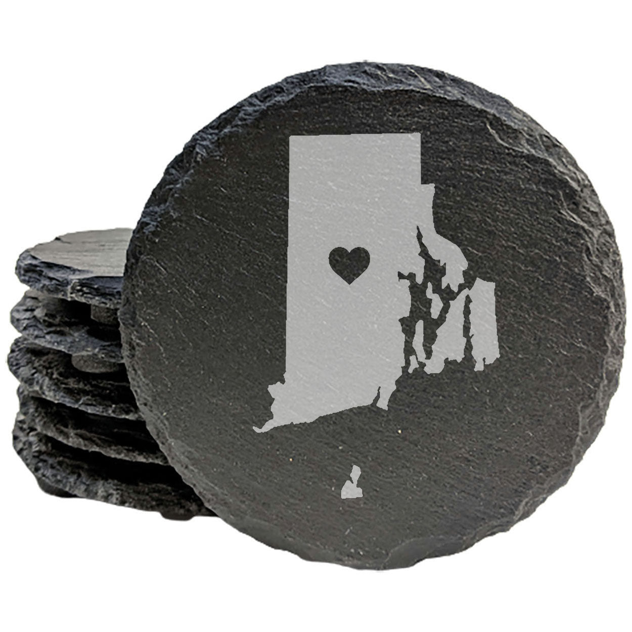 Rustic Slate Coasters Set of 4, Round 4" with Rhode Island Heart Design, Laser Etched, Perfect for Holidays, Birthdays, Housewarming, She-Shed, Man Cave, Made in Oregon, USA,