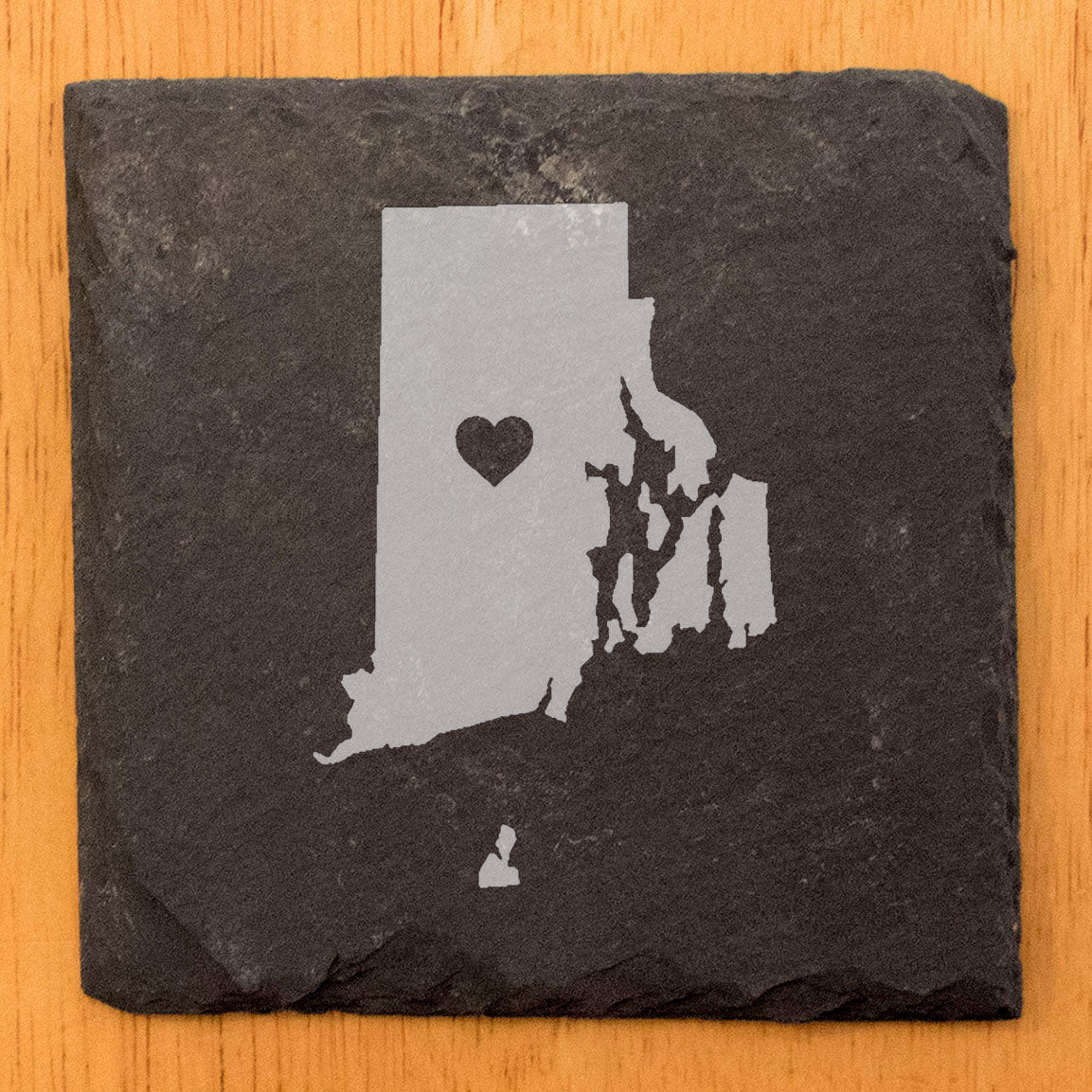 Rustic Slate Coasters Set of 4, Round 4" with Rhode Island Heart Design, Laser Etched, Perfect for Holidays, Birthdays, Housewarming, She-Shed, Man Cave, Made in Oregon, USA,
