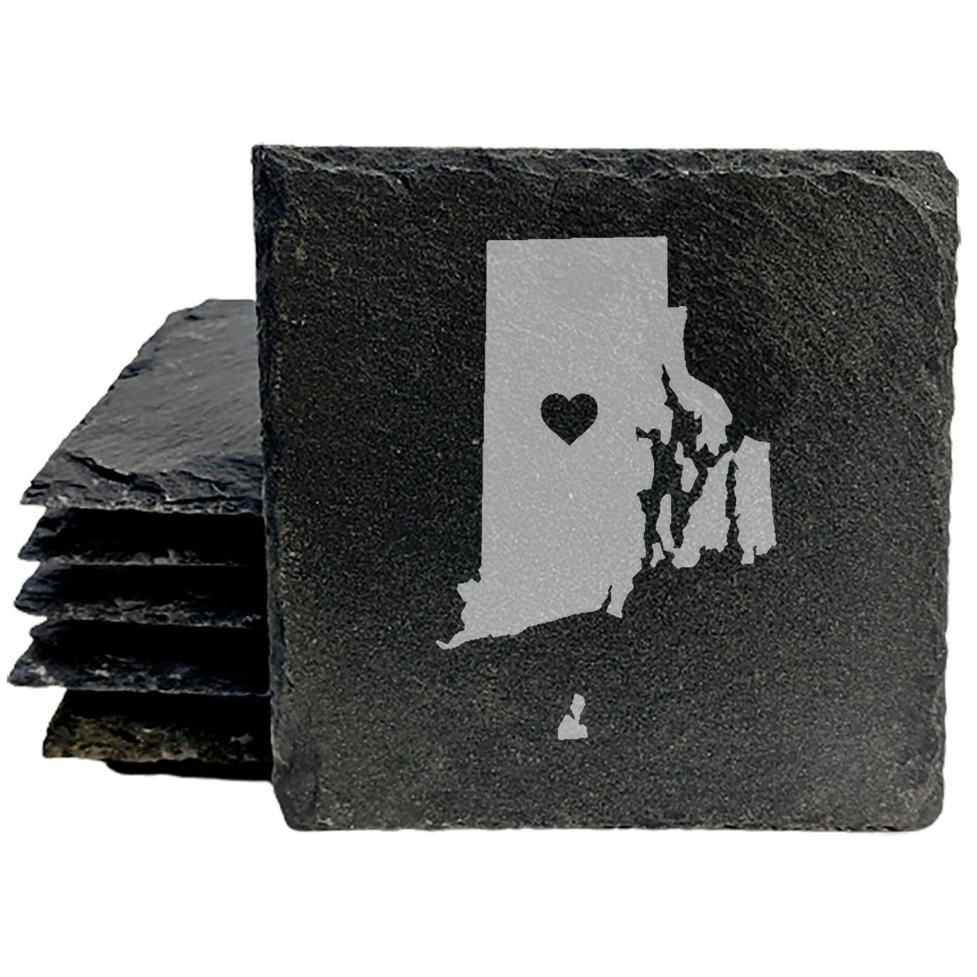 Rustic Slate Coasters Set of 4, Round 4" with Rhode Island Heart Design, Laser Etched, Perfect for Holidays, Birthdays, Housewarming, She-Shed, Man Cave, Made in Oregon, USA,