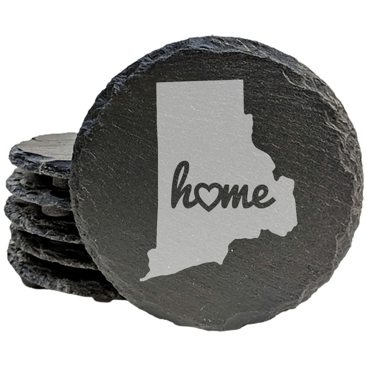 Rustic Slate Coasters Set of 4 - Laser Etched Rhode Island 'Home' Design with Heart - Perfect Gift for Holidays, Birthdays, Housewarming - 4" Round, Natural Chipped Edge, Made in Oregon, USA