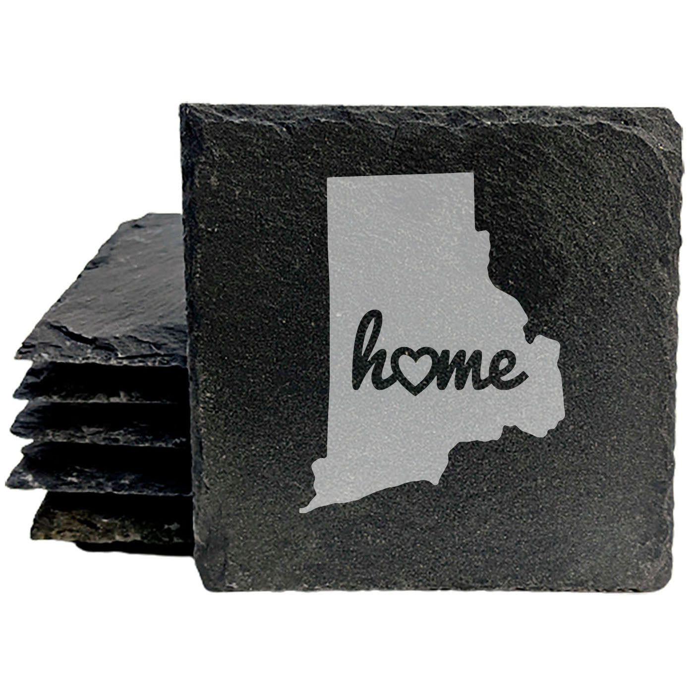 Rustic Slate Coasters Set of 4 - Laser Etched Rhode Island 'Home' Design with Heart - Perfect Gift for Holidays, Birthdays, Housewarming - 4" Round, Natural Chipped Edge, Made in Oregon, USA
