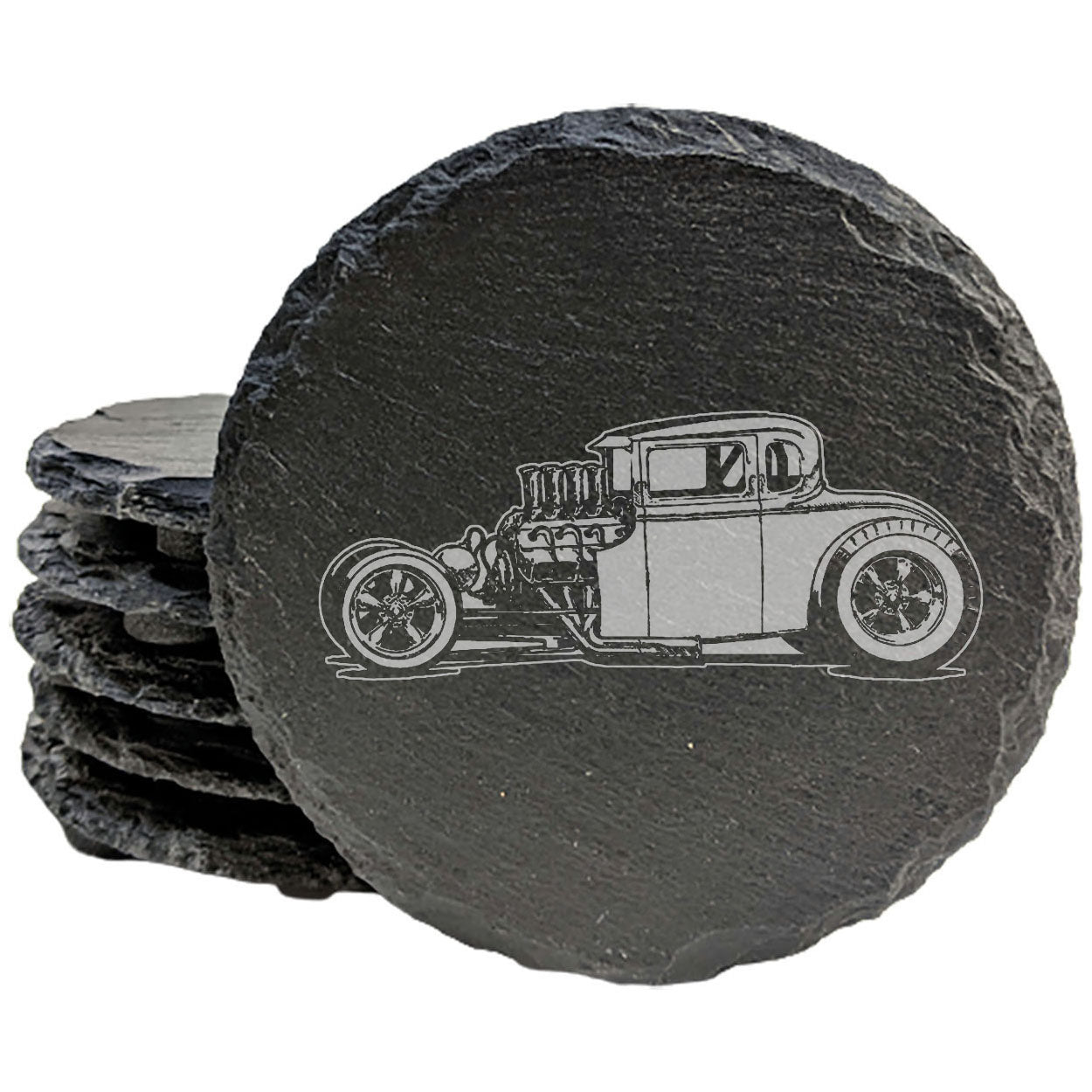 Premium Slate Coasters Set with Laser-Etched Rat Rod Design - Stylish Drink Coasters for Home Decor and Protection - Unique Vintage Car Enthusiast Gift