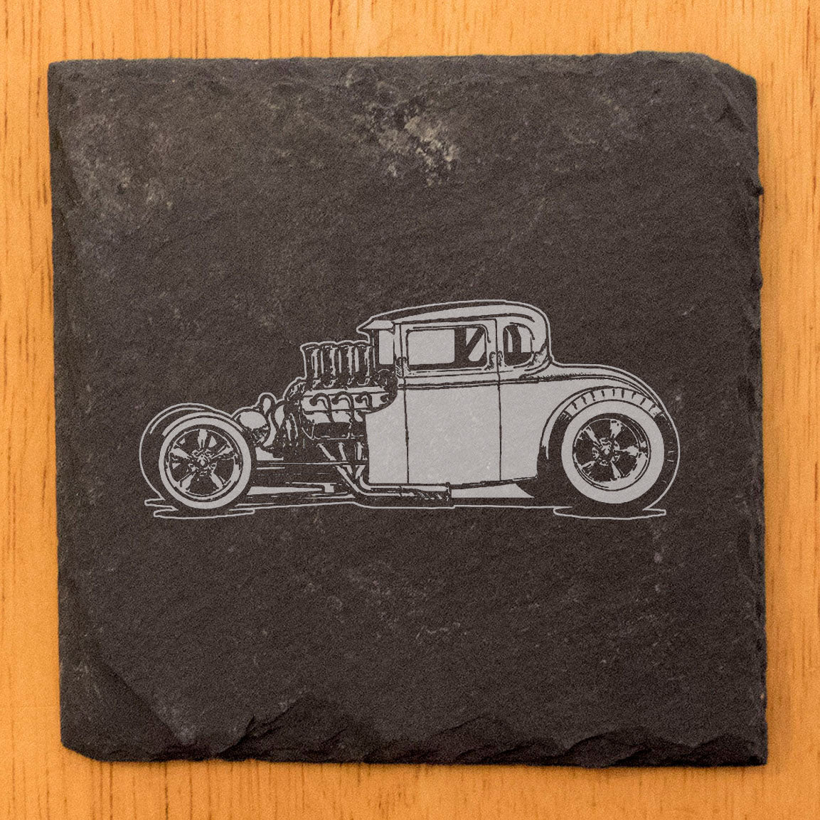 Premium Slate Coasters Set with Laser-Etched Rat Rod Design - Stylish Drink Coasters for Home Decor and Protection - Unique Vintage Car Enthusiast Gift
