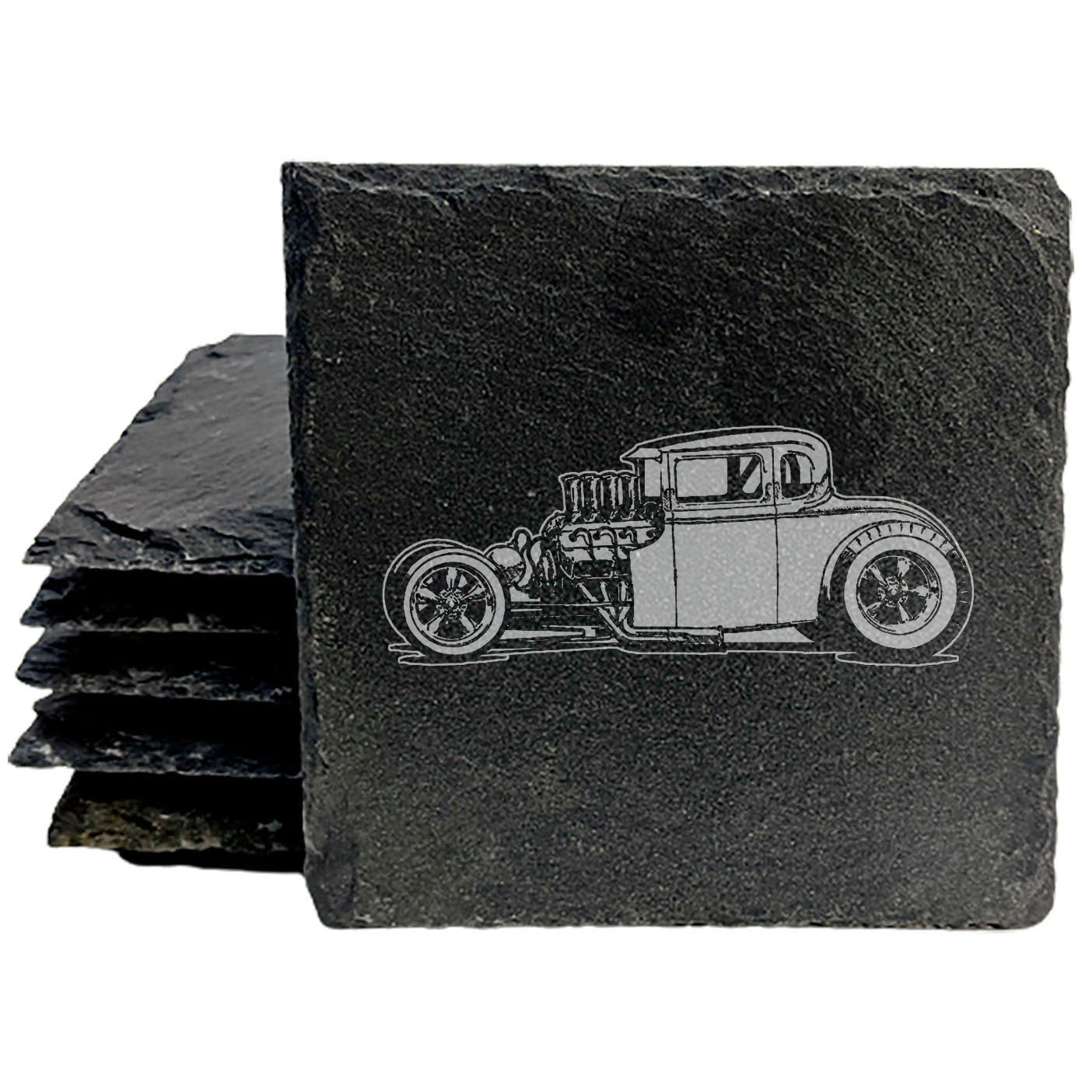 Premium Slate Coasters Set with Laser-Etched Rat Rod Design - Stylish Drink Coasters for Home Decor and Protection - Unique Vintage Car Enthusiast Gift