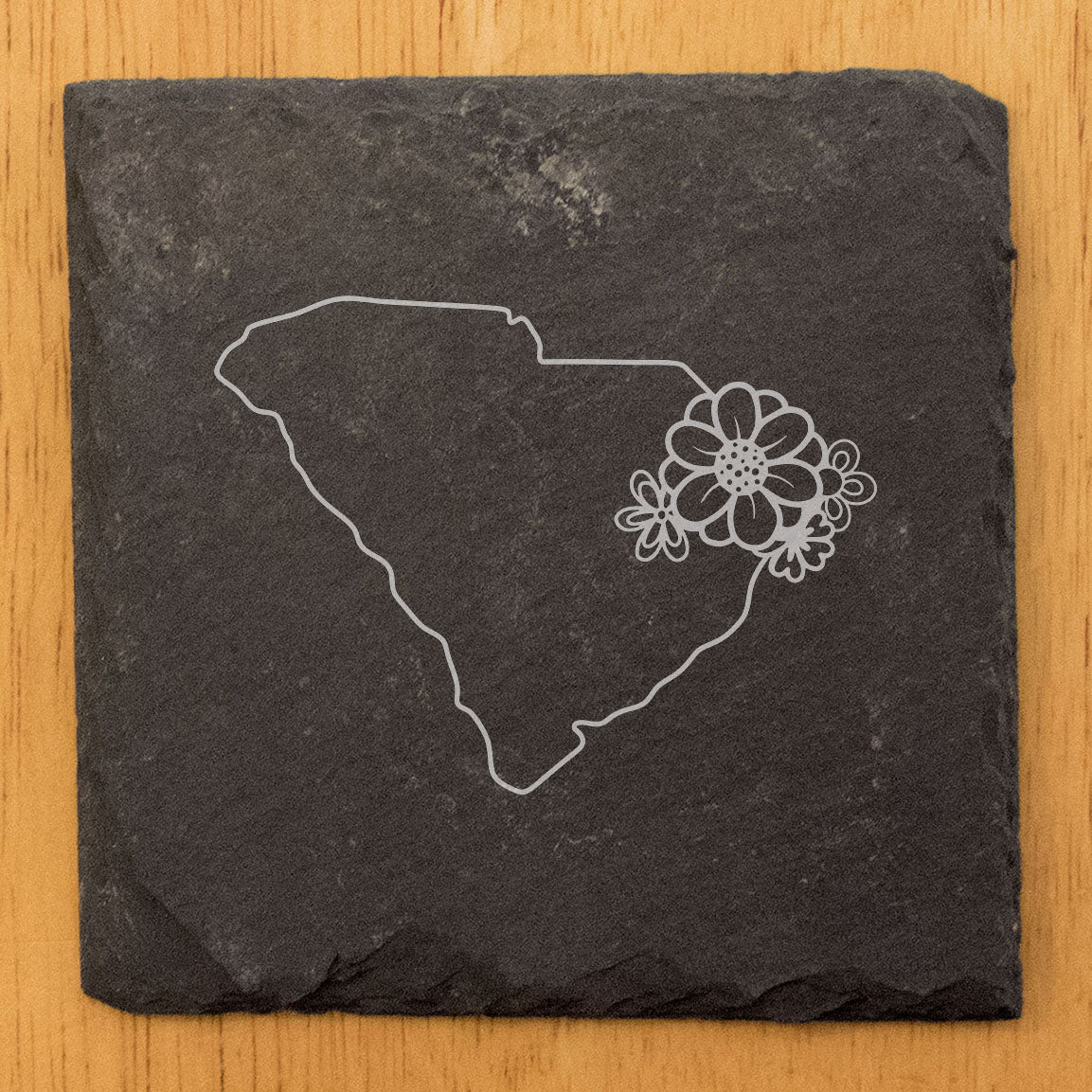 Rustic Slate Coasters Set of 4 - South Carolina Design with Flower - Perfect Gift for Holidays, Birthdays, Housewarming - 4" Round or Square - Made in Oregon, USA - Natural Chipped Edge, Rubber Feet