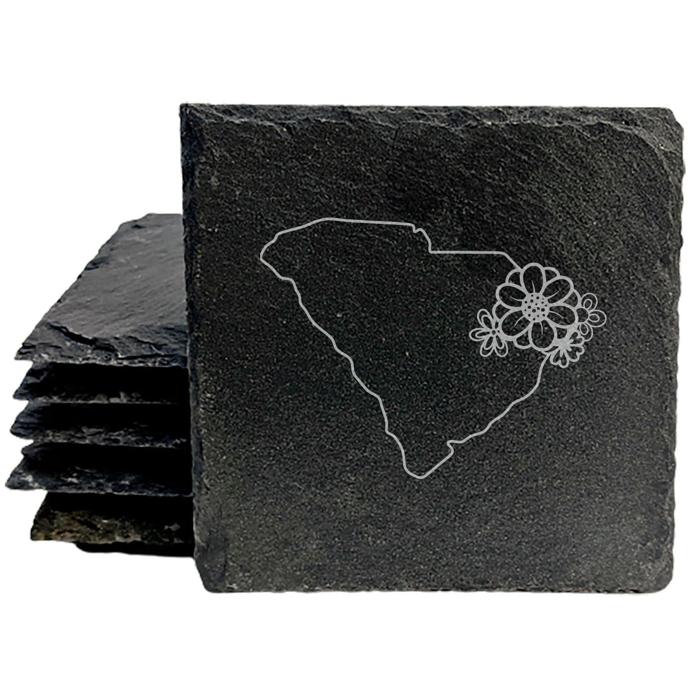 Rustic Slate Coasters Set of 4 - South Carolina Design with Flower - Perfect Gift for Holidays, Birthdays, Housewarming - 4" Round or Square - Made in Oregon, USA - Natural Chipped Edge, Rubber Feet