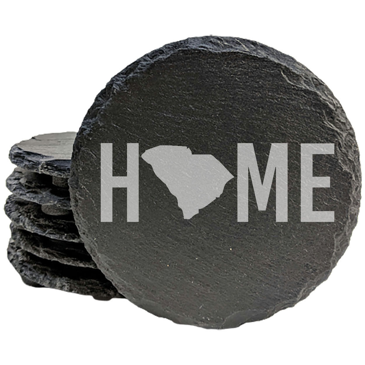 Rustic Slate Coasters Set of 4, Laser Etched 'HOME' Design with South Carolina, 4" Round, Natural Chipped Edge, Rubber Feet, , Perfect for Holidays, Birthdays, Housewarming, USA Made