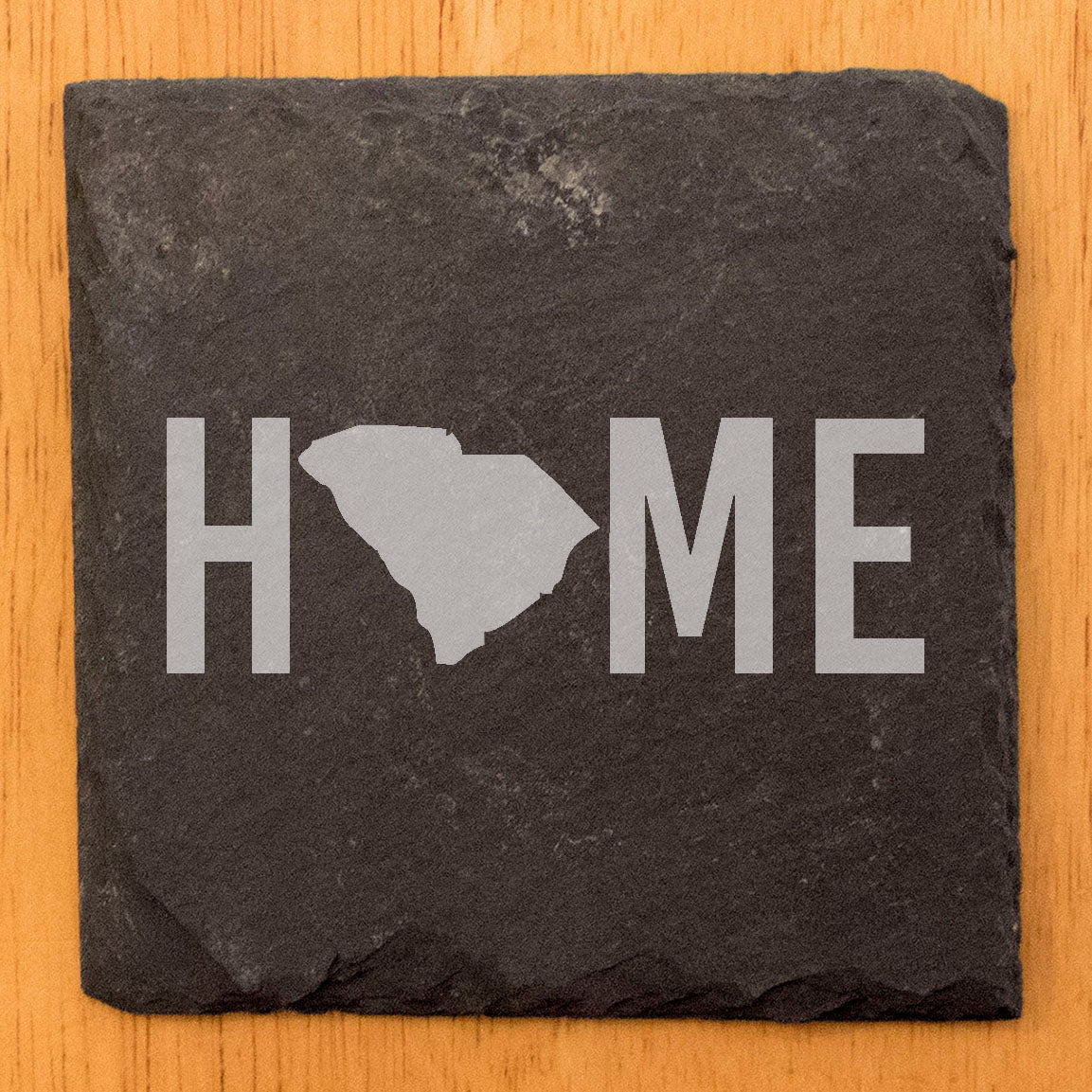 Rustic Slate Coasters Set of 4, Laser Etched 'HOME' Design with South Carolina, 4" Round, Natural Chipped Edge, Rubber Feet, , Perfect for Holidays, Birthdays, Housewarming, USA Made